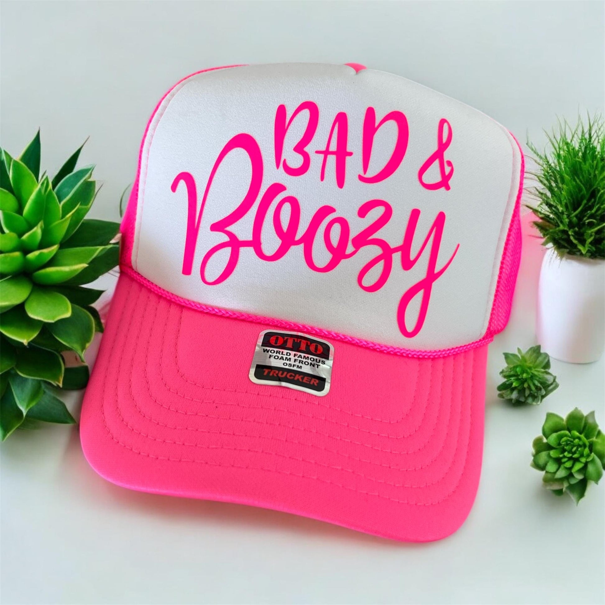 Bad and Boozy Hat – Otto Foam Trucker Snapback with Funny Graphic Vinyl Phrase, Party Drinking Cap for Women & Men