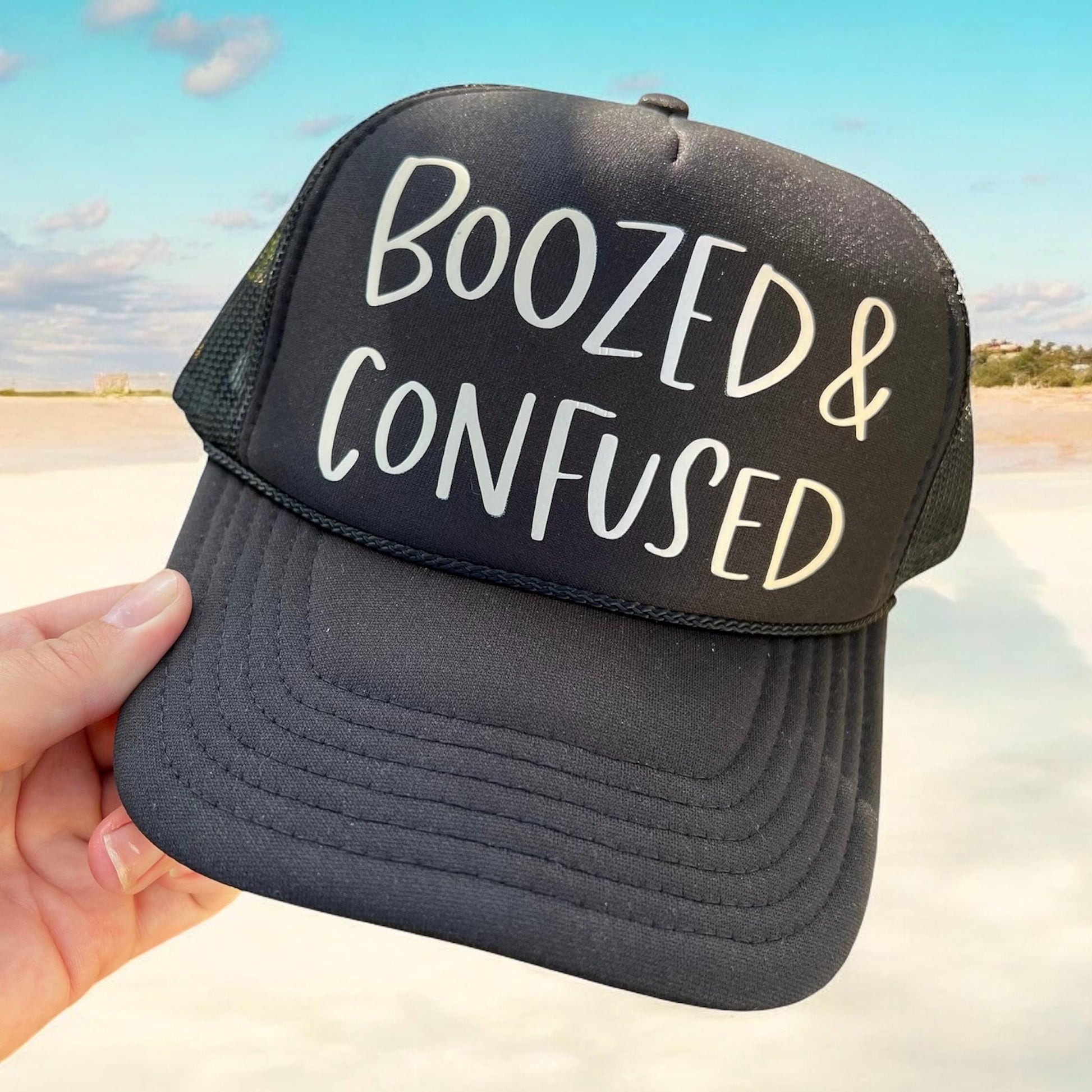 Boozed & Confused Hat – Funny Graphic Otto Foam Snapback Trucker Cap, Party Drinking Hat, Retro Festival Style Cap