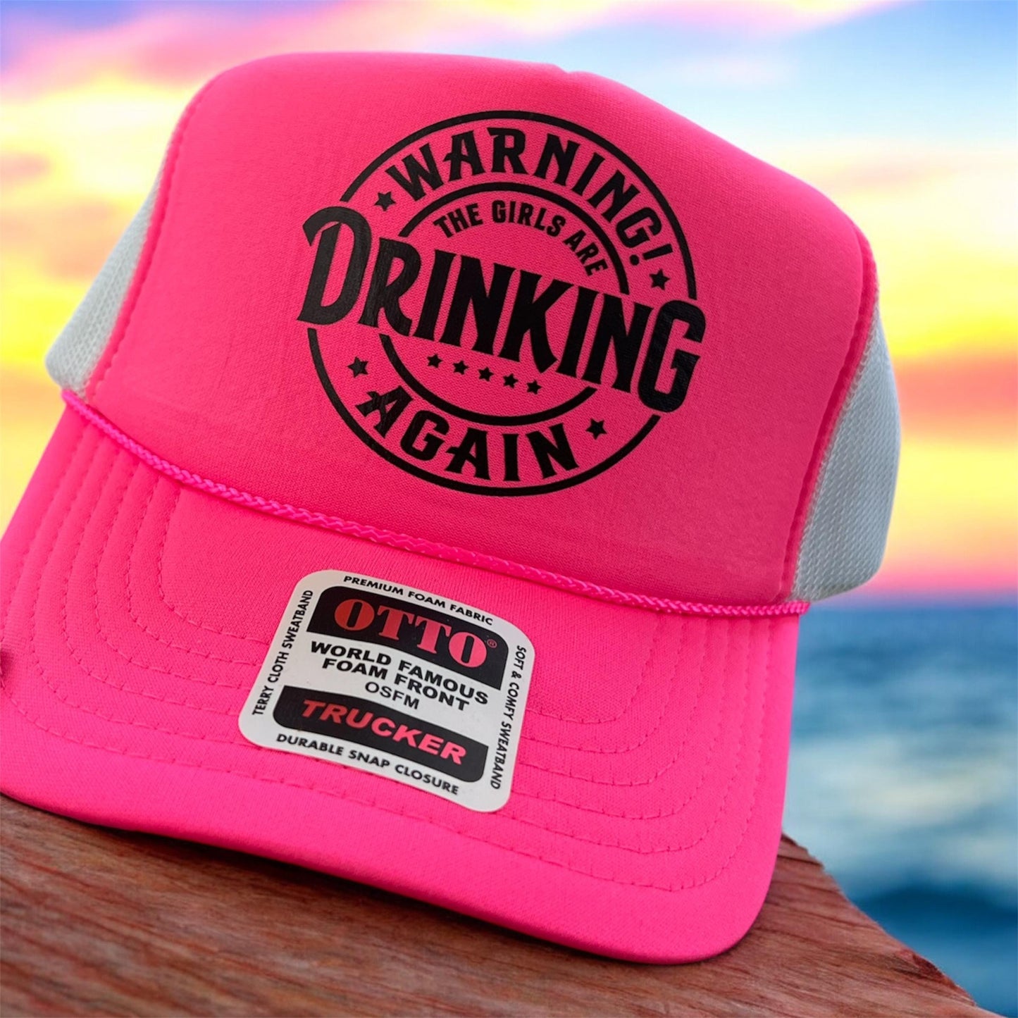 Warning Girls Drinking Again Trucker Hat – Funny Foam Cap with Chain Brim – Party Bachelorette Hat – Trendy Trucker Cap for Women
