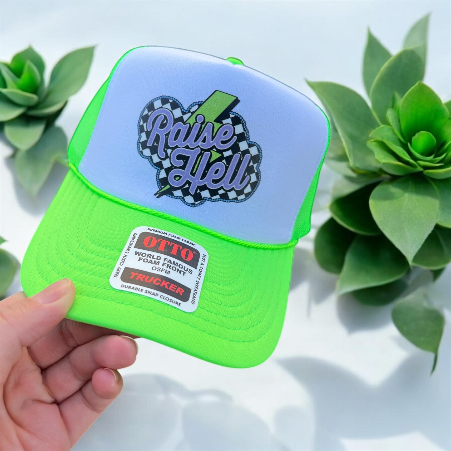 Raise Hell Checkered Hat – DTF Graphic Print on Otto Foam Trucker Snapback, Bold Streetwear Festival Cap