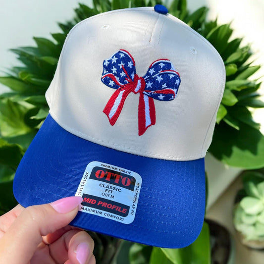 Red White & Blue Bow Trucker Hat, Patriotic Embroidered Hat, USA Bow Trucker Cap, Fourth of July Hat, Americana Summer Hat, Coquette USA Hat