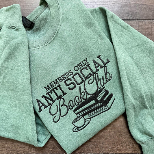 Members Only Anti Social Book Club Embroidered Crewneck – Gildan Sweatshirt for Introverts, Readers, and Book Lovers