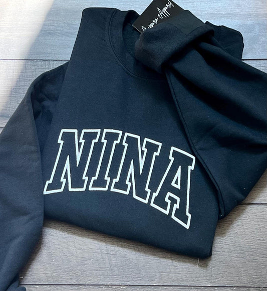 Custom Embroidered Appliqué “Nina” Gildan Crewneck Sweatshirt – Personalized Name Pullover, Cute Cozy Gift for Her
