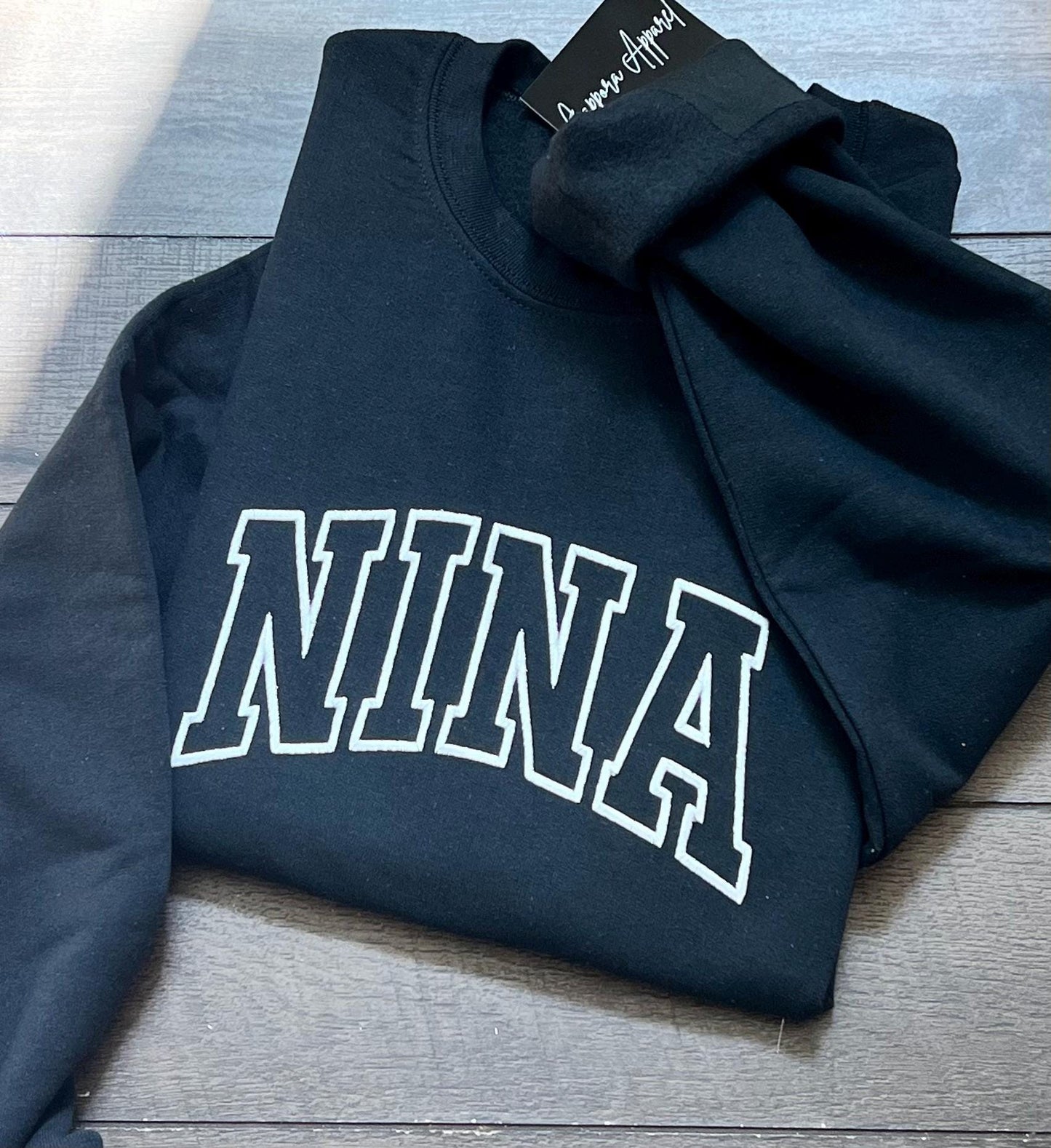 Custom Embroidered Appliqué “Nina” Gildan Crewneck Sweatshirt – Personalized Name Pullover, Cute Cozy Gift for Her