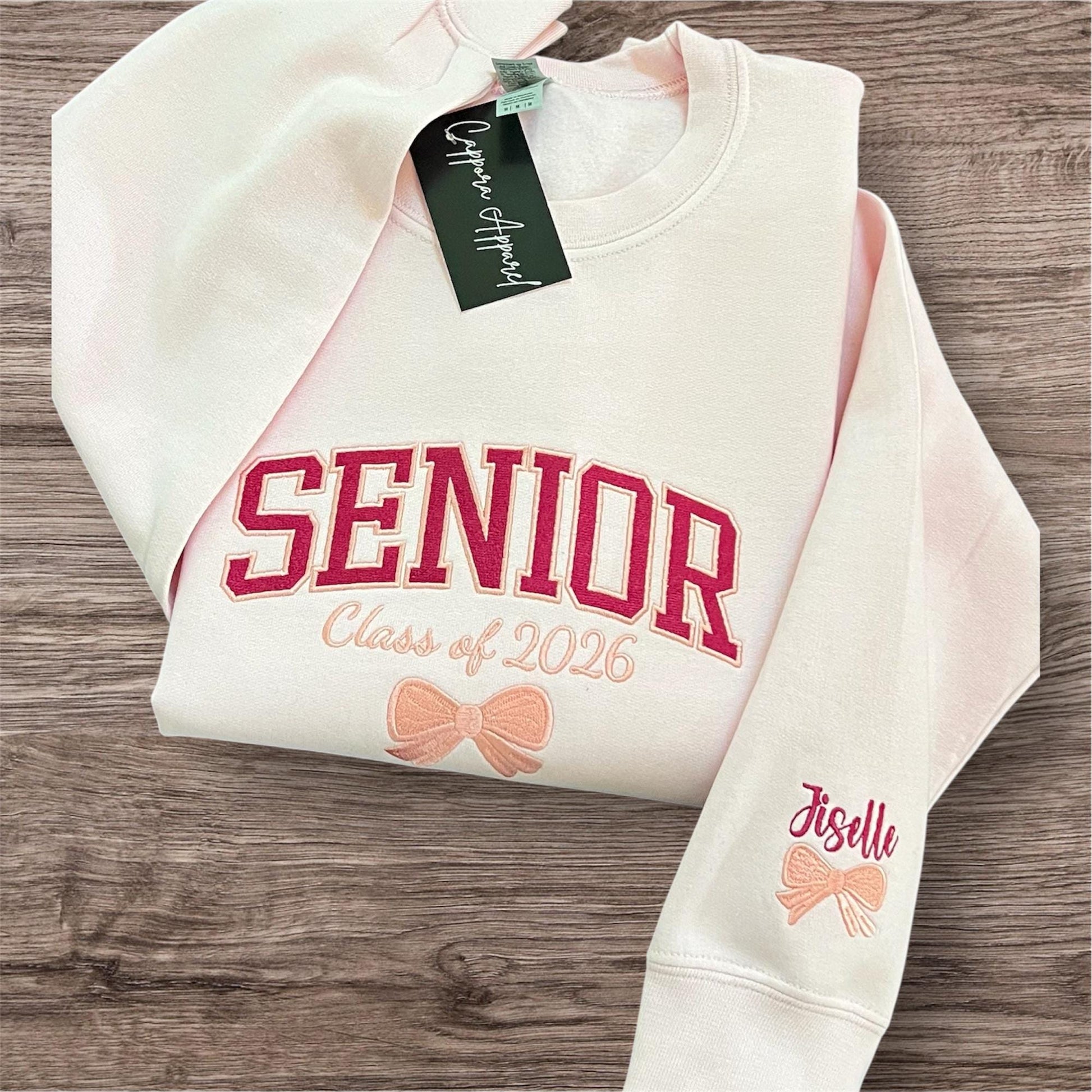 Senior Class of [Year] Embroidered Crewneck Sweatshirt with Bow – Custom Graduation Gift, Cute Senior Pullover