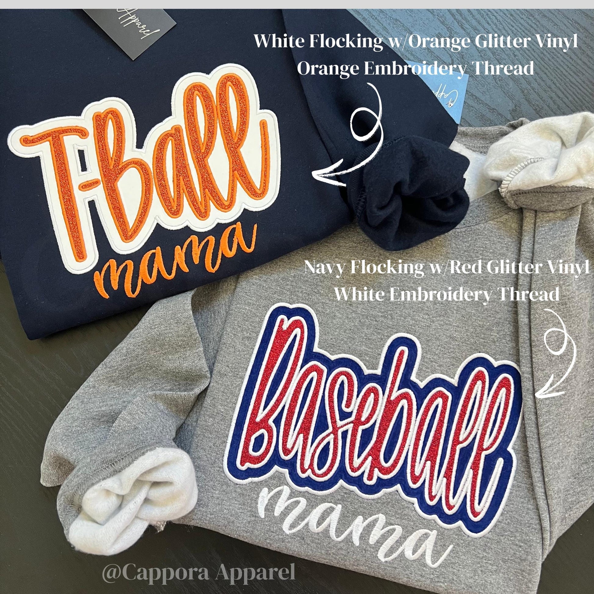 Flocked Glitter Sports Sweatshirt – Embroidered Gildan Crewneck for Baseball, Softball, Football, Cheer & T-Ball Fans