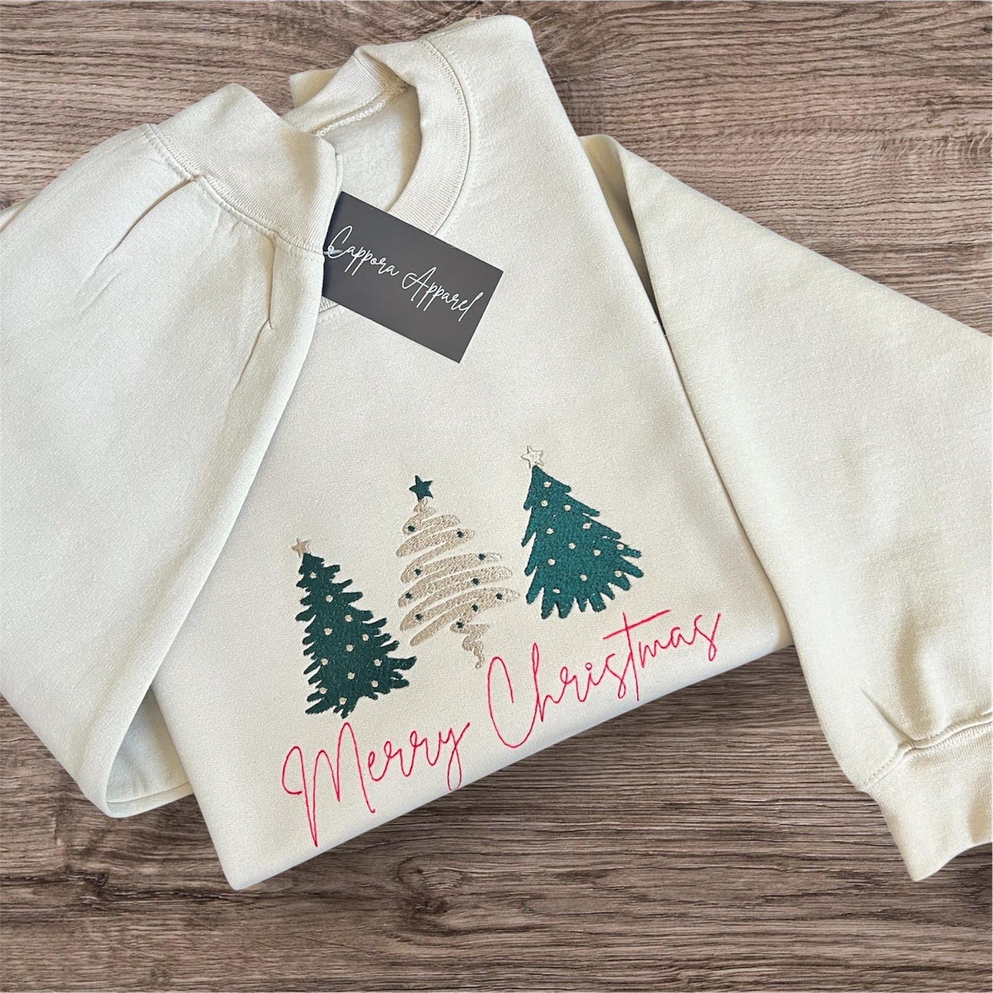 Merry Christmas Sweatshirt – Embroidered Gildan Crewneck with Three Christmas Trees, Cozy Holiday Winter Sweater