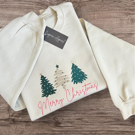 Merry Christmas Sweatshirt – Embroidered Gildan Crewneck with Three Christmas Trees, Cozy Holiday Winter Sweater