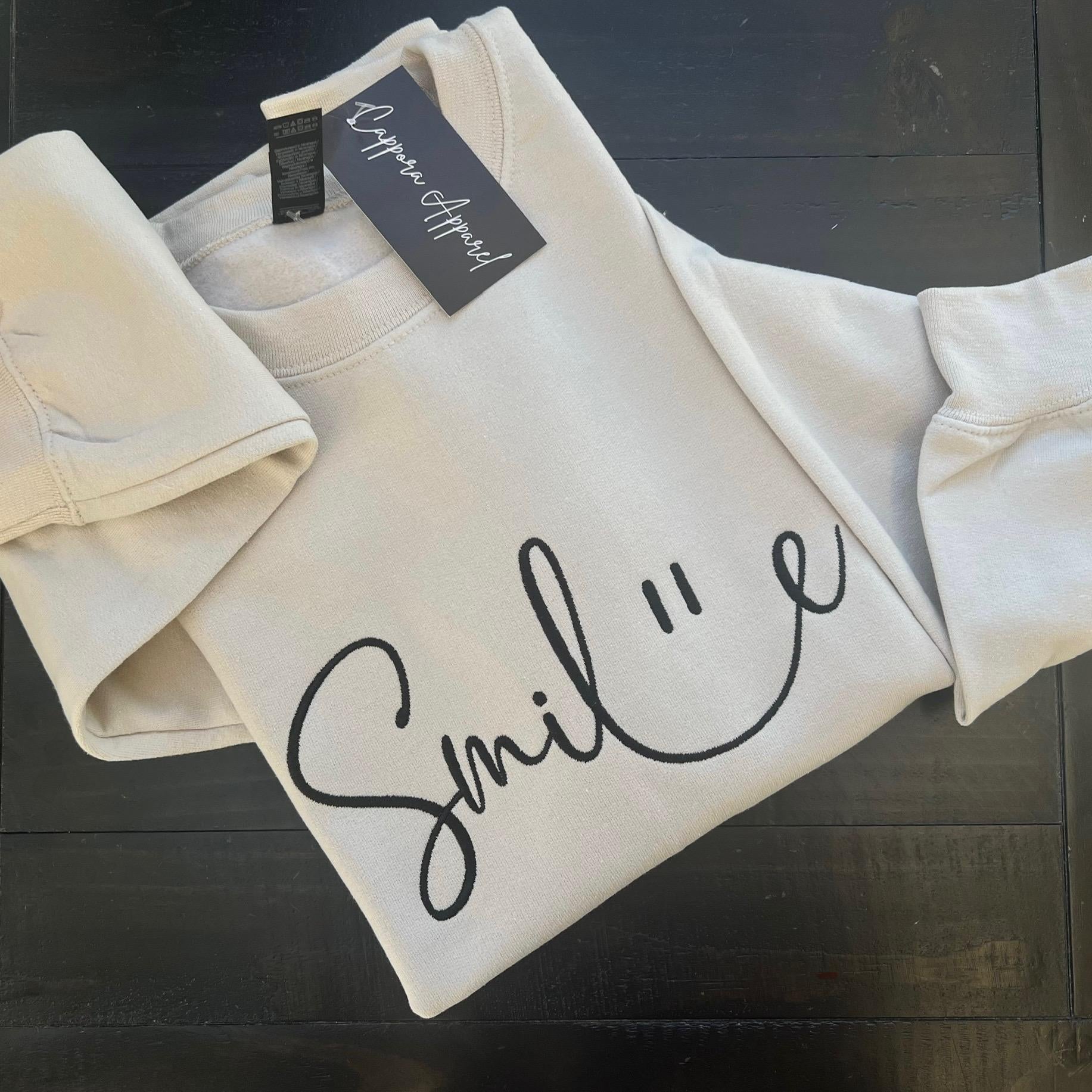 Embroidered Smile Sweatshirt – Minimalist Gildan Crewneck, Positive Quote Pullover, Cute Cozy Gift for Her, Y2K Aesthetic, Happy Vibes