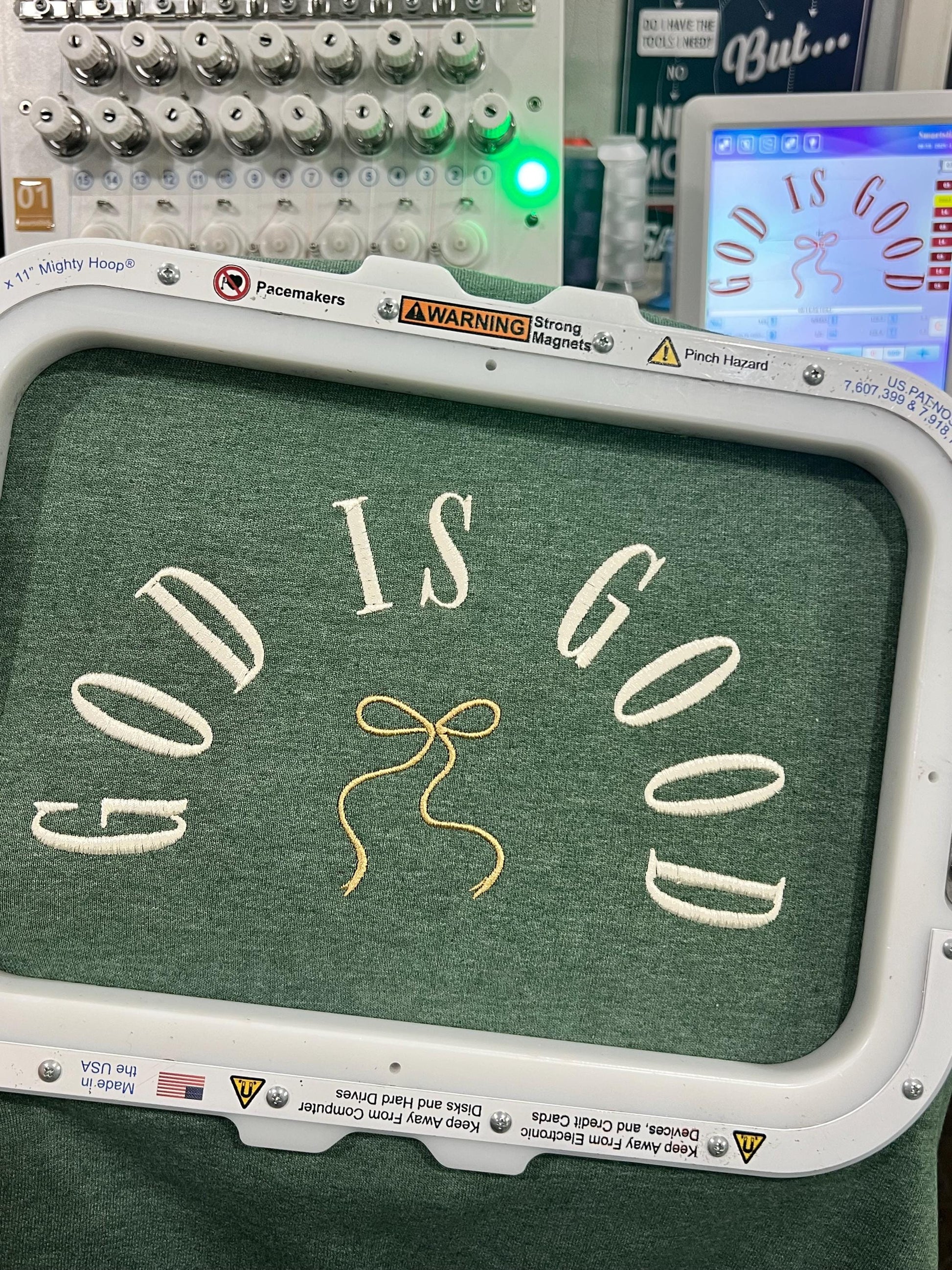 God Is Good Embroidered Crewneck Sweatshirt with Bow | Faith Graphic Christian Pullover | Gildan Heavy Blend Comfort Fit Gift