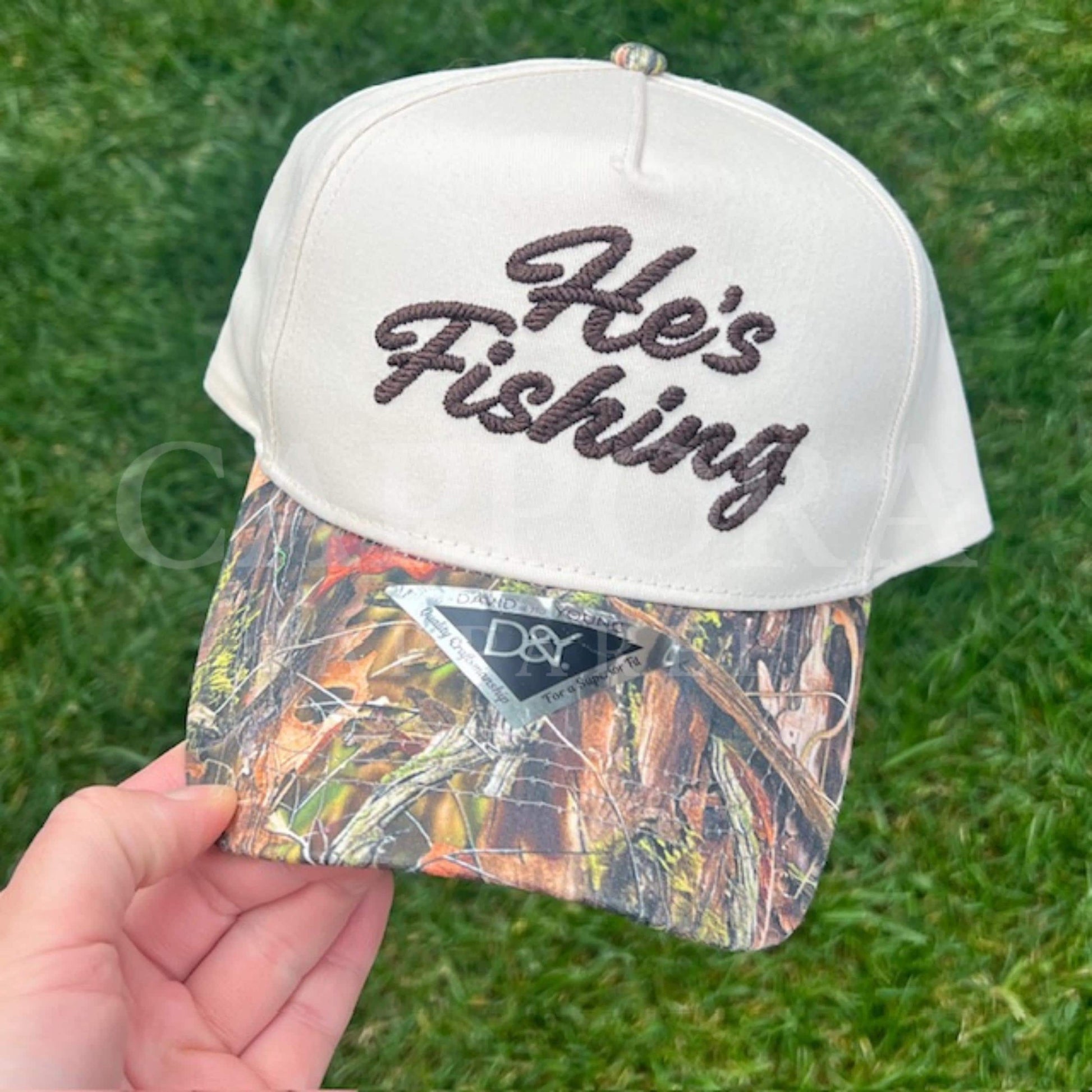 3D Puff “He’s Fishing” Embroidered Canvas Hat for Women | Lake Life Trucker Cap | Funny Fishing Wife Girlfriend Gift | Neutral Outdoor Hat