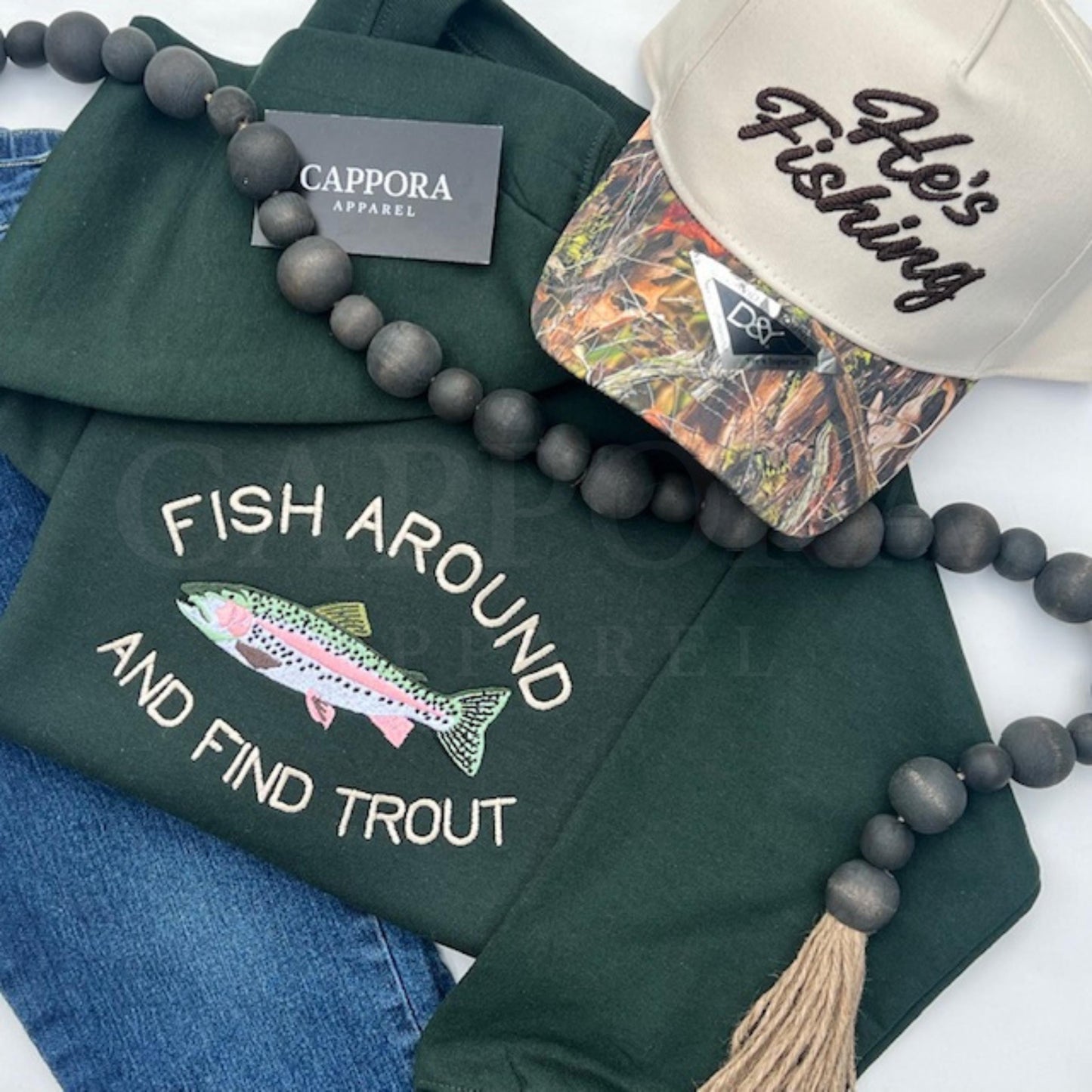 Fish Around and Find Trout Embroidered Sweatshirt | Funny Fishing Crewneck | Trout Fishing Gift | Gildan Unisex Pullover