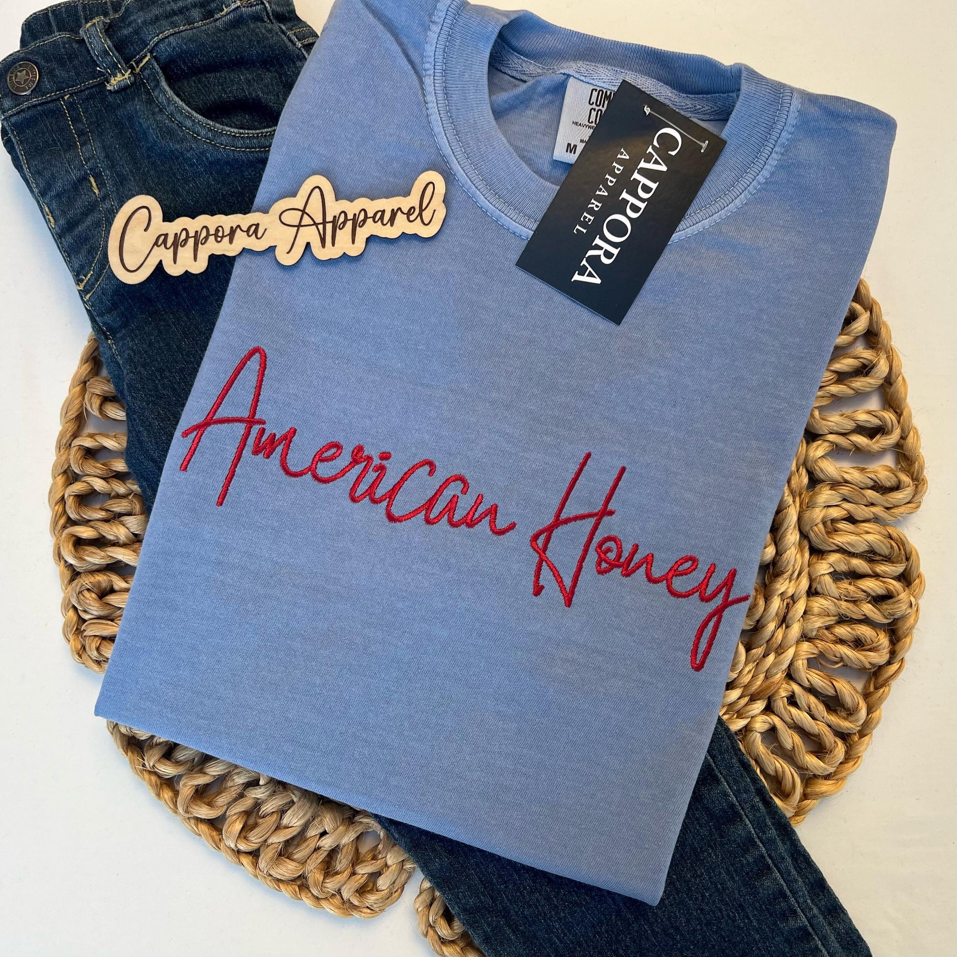 American Honey Embroidered T Shirt | Patriotic Country Tee, USA Summer Shirt, Cowgirl Graphic Tee, Fourth of July Outfit, Americana Shirt