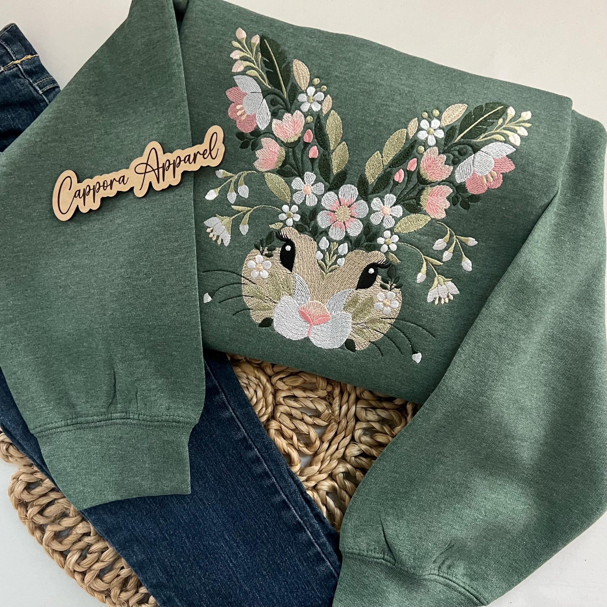 Bunny Embroidered Crewneck – Floral Bunny Graphic on Gildan Sweatshirt, Cute Cottagecore Aesthetic Gift for Her