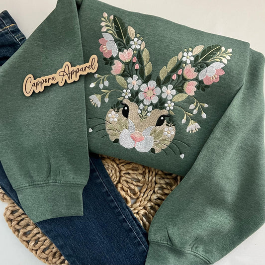 Bunny Embroidered Crewneck – Floral Bunny Graphic on Gildan Sweatshirt, Cute Cottagecore Aesthetic Gift for Her