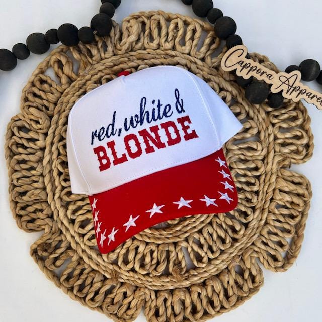 Red White & Blonde Embroidered Hat-Patriotic Trucker Hat, USA Summer Hat, 4th of July Hat, Lake Day Hat, Blonde Girl Hat, America Hat