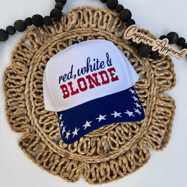 Red White & Blonde Embroidered Hat-Patriotic Trucker Hat, USA Summer Hat, 4th of July Hat, Lake Day Hat, Blonde Girl Hat, America Hat