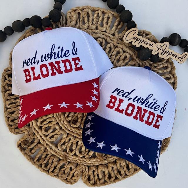 Red White & Blonde Embroidered Hat-Patriotic Trucker Hat, USA Summer Hat, 4th of July Hat, Lake Day Hat, Blonde Girl Hat, America Hat