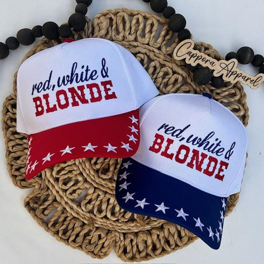 Red White & Blonde Embroidered Hat-Patriotic Trucker Hat, USA Summer Hat, 4th of July Hat, Lake Day Hat, Blonde Girl Hat, America Hat
