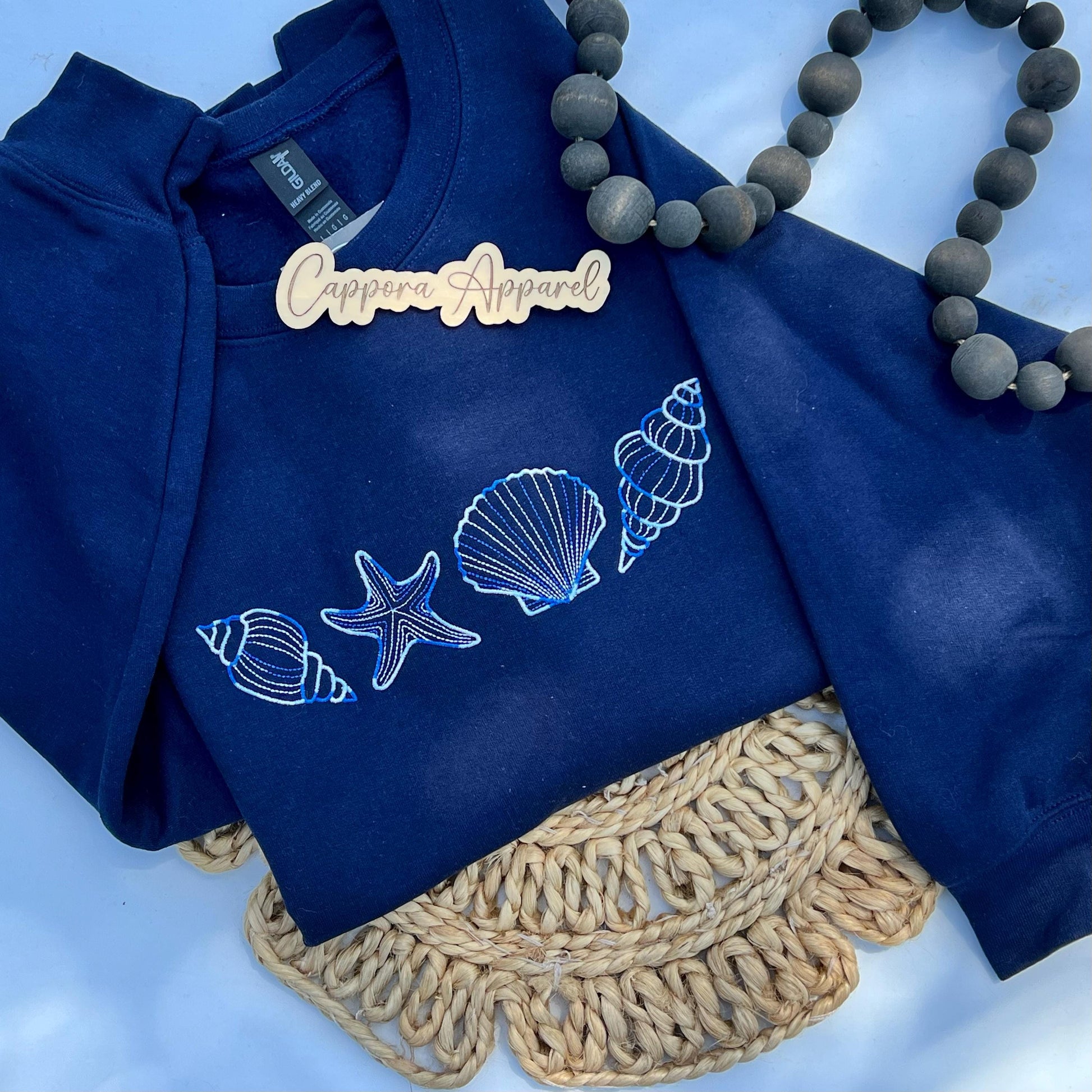 Coastal Seashell Embroidered Crewneck – Gildan Unisex Sweatshirt with Seashell Graphic, Beachy Coastal Aesthetic Pullover
