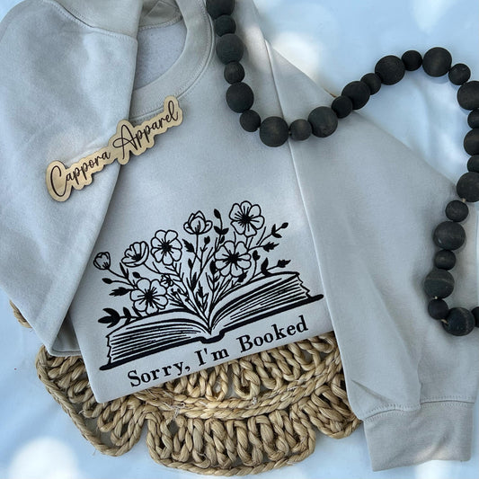 Sorry I’m Booked Embroidered Crewneck | Book Lover Sweatshirt, Bookish Gift, Reader Crewneck, Library Aesthetic, Cozy Book Club Sweater