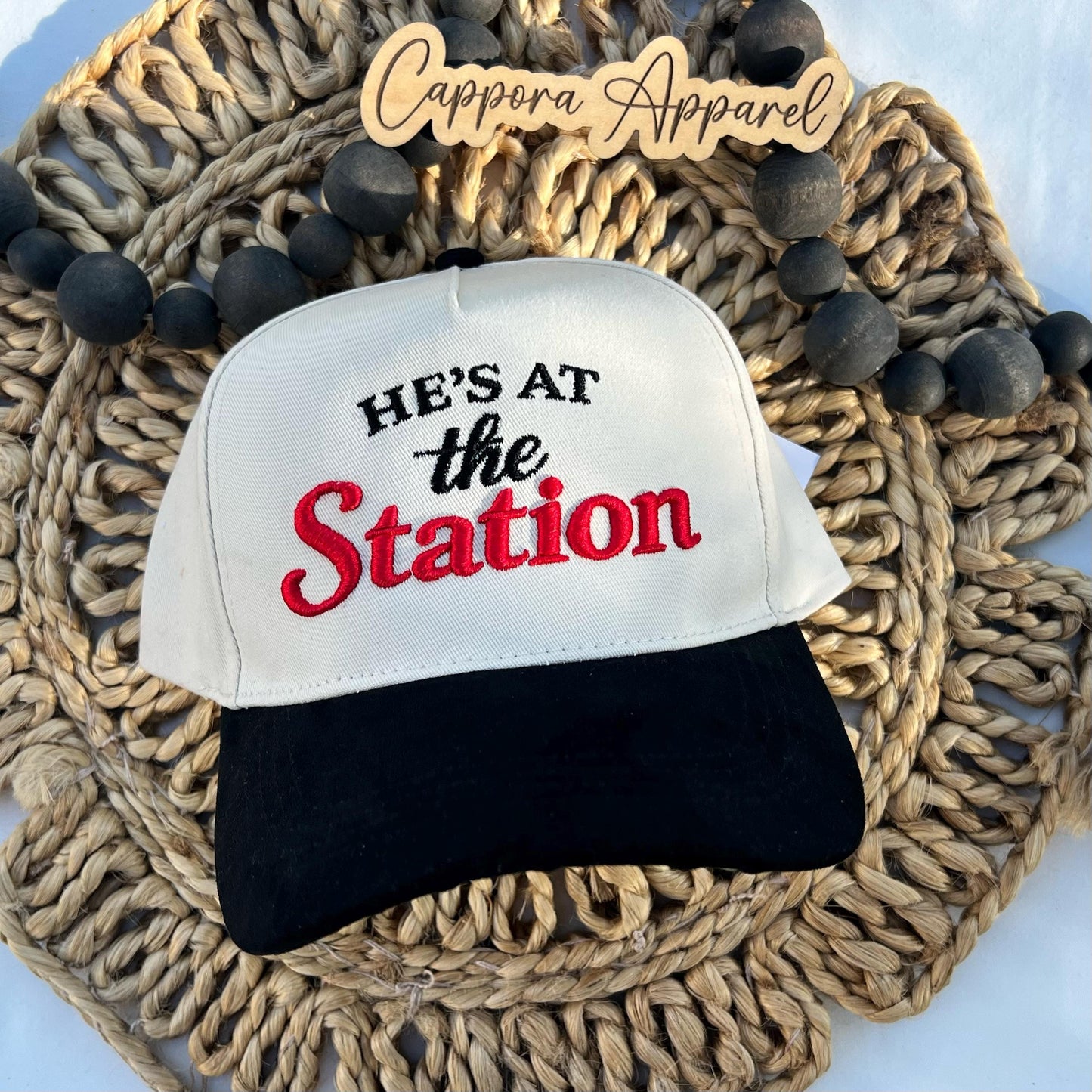 He’s at the Station Hat | 3D Puff Embroidered Trucker Hat, Firefighter Wife Hat, Fire Station Snapback Cap