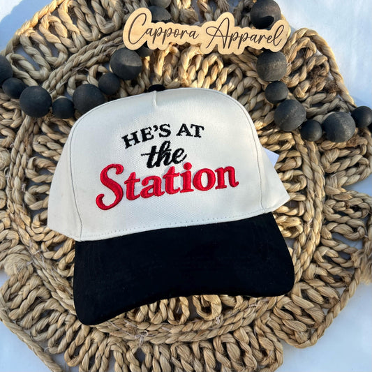 He’s at the Station Hat | 3D Puff Embroidered Trucker Hat, Firefighter Wife Hat, Fire Station Snapback Cap