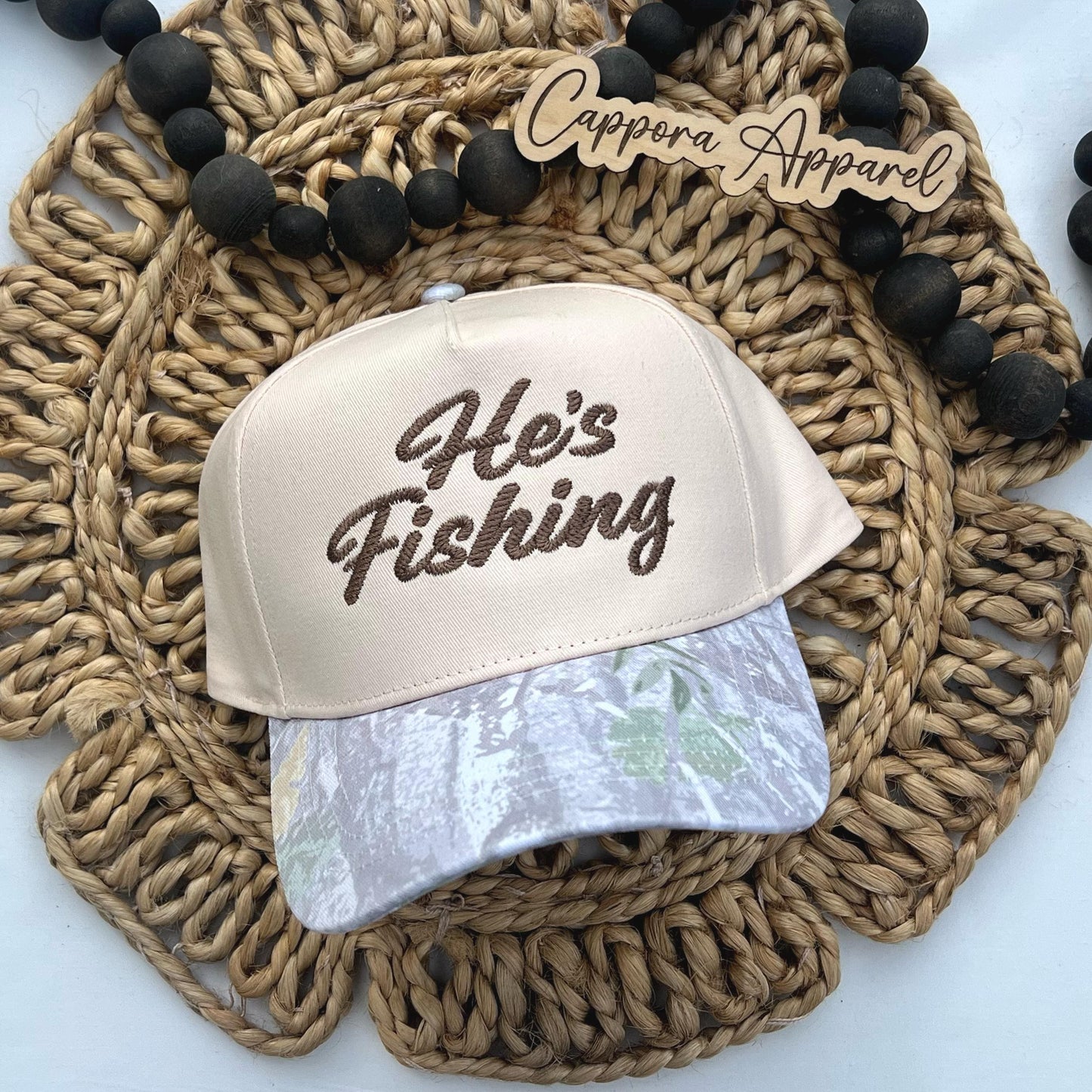 3D Puff “He’s Fishing” Embroidered Canvas Hat for Women | Lake Life Trucker Cap | Funny Fishing Wife Girlfriend Gift | Neutral Outdoor Hat