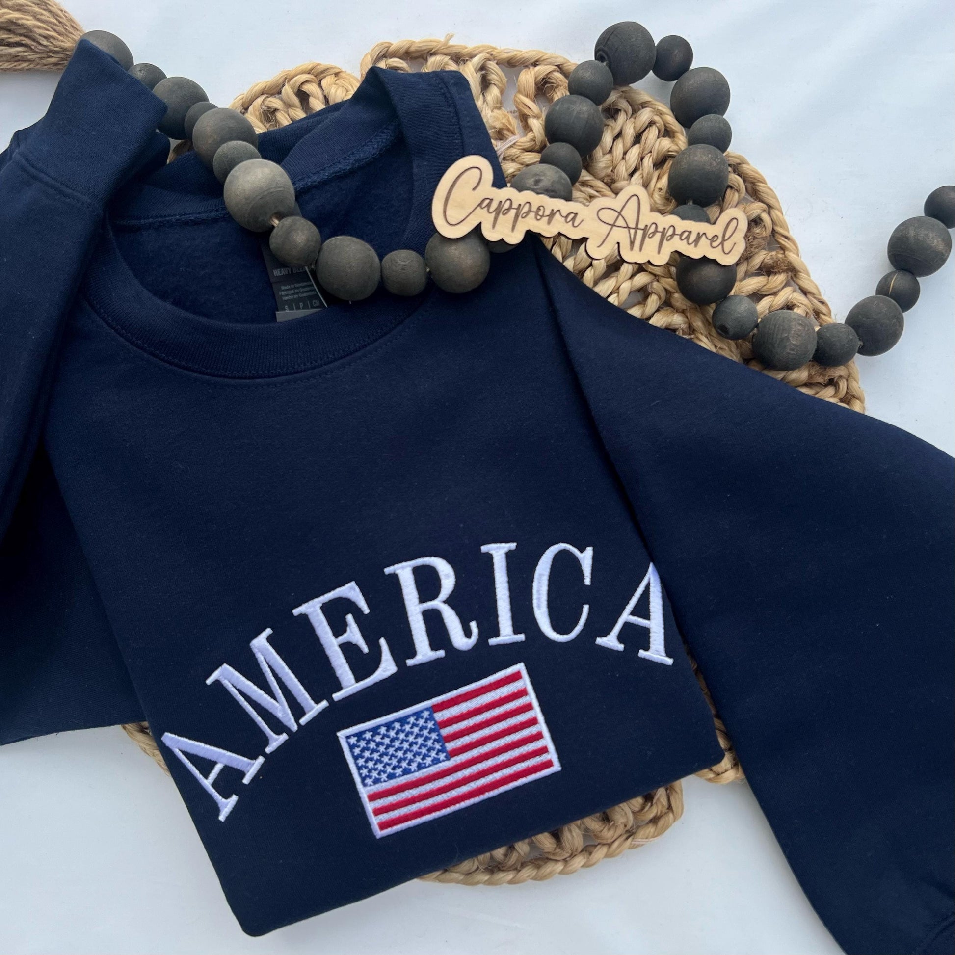 America Embroidered Crewneck Sweatshirt – Patriotic Gildan Pullover with Flag Design, 4th of July USA Pride Sweater