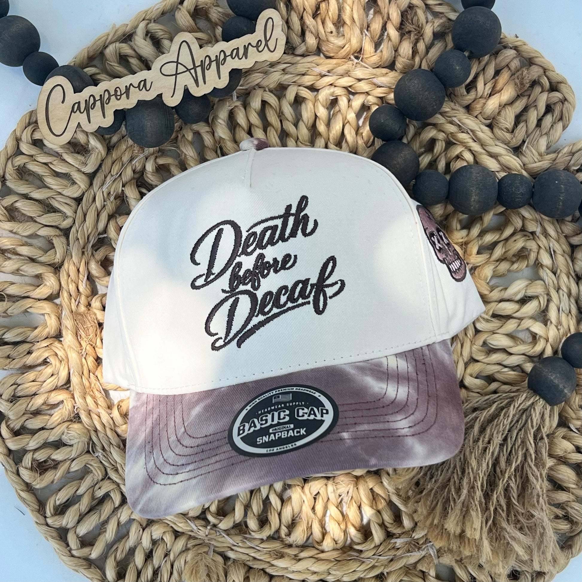Death Before Decaf Embroidered Hat | Skull Trucker Hat, Coffee Lover Hat, Funny Caffeine Hat, Embroidered Snapback