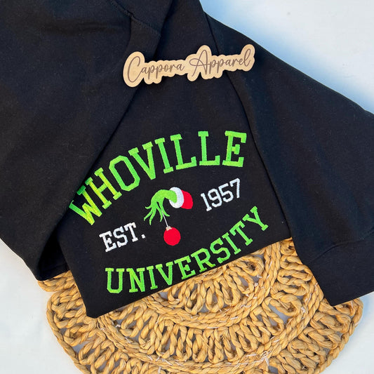 Whoville University Sweatshirt – Embroidered Gildan Crewneck, Funny Holiday Graphic Sweater, Christmas Grinch-Inspired Shirt