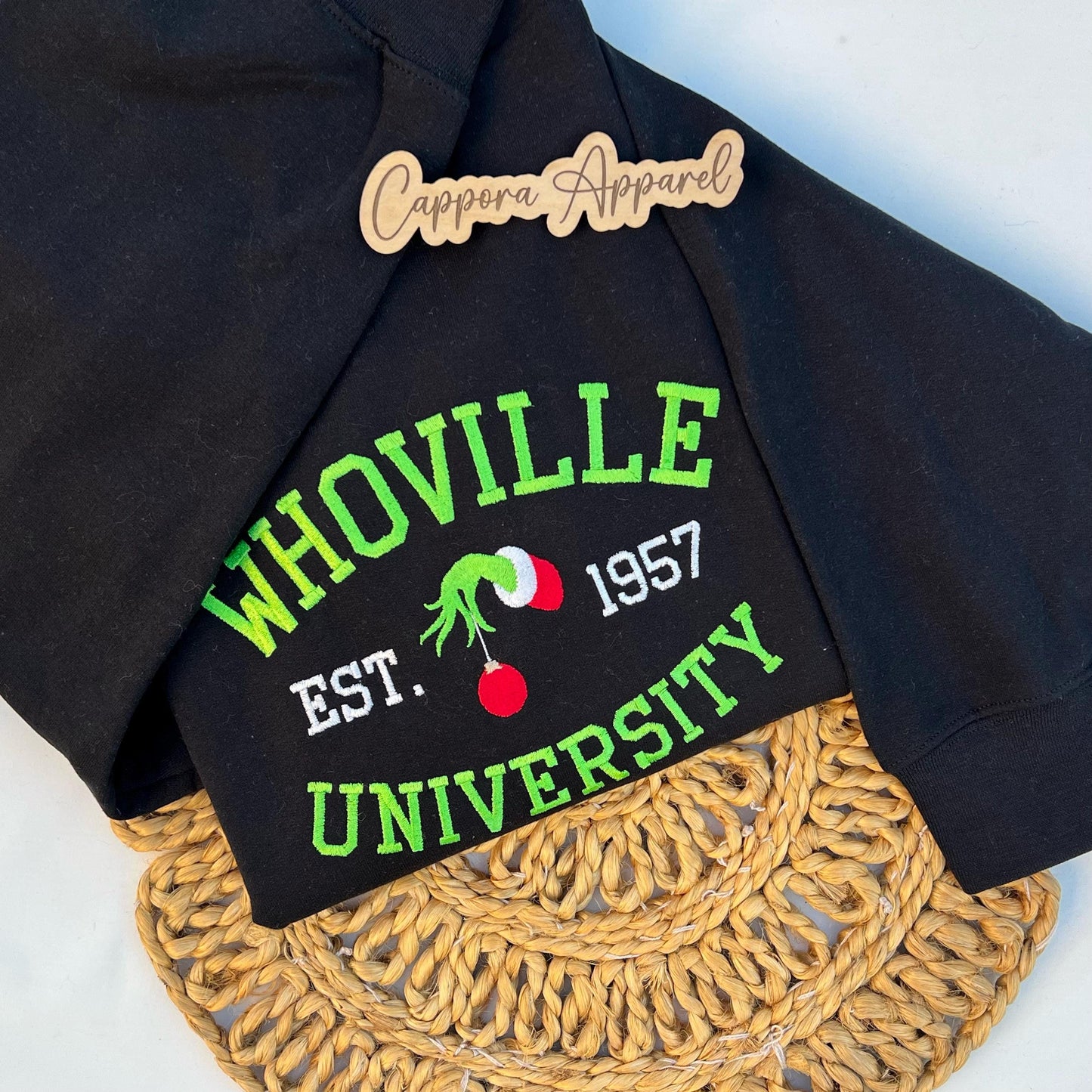 Whoville University Sweatshirt – Embroidered Gildan Crewneck, Funny Holiday Graphic Sweater, Christmas Grinch-Inspired Shirt