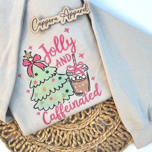 Embroidered “Jolly and Caffeinated” Christmas Crewneck Sweatshirt | Holiday Coffee Lover Gift, Cozy Winter Sweater, Cute Xmas Embroidery