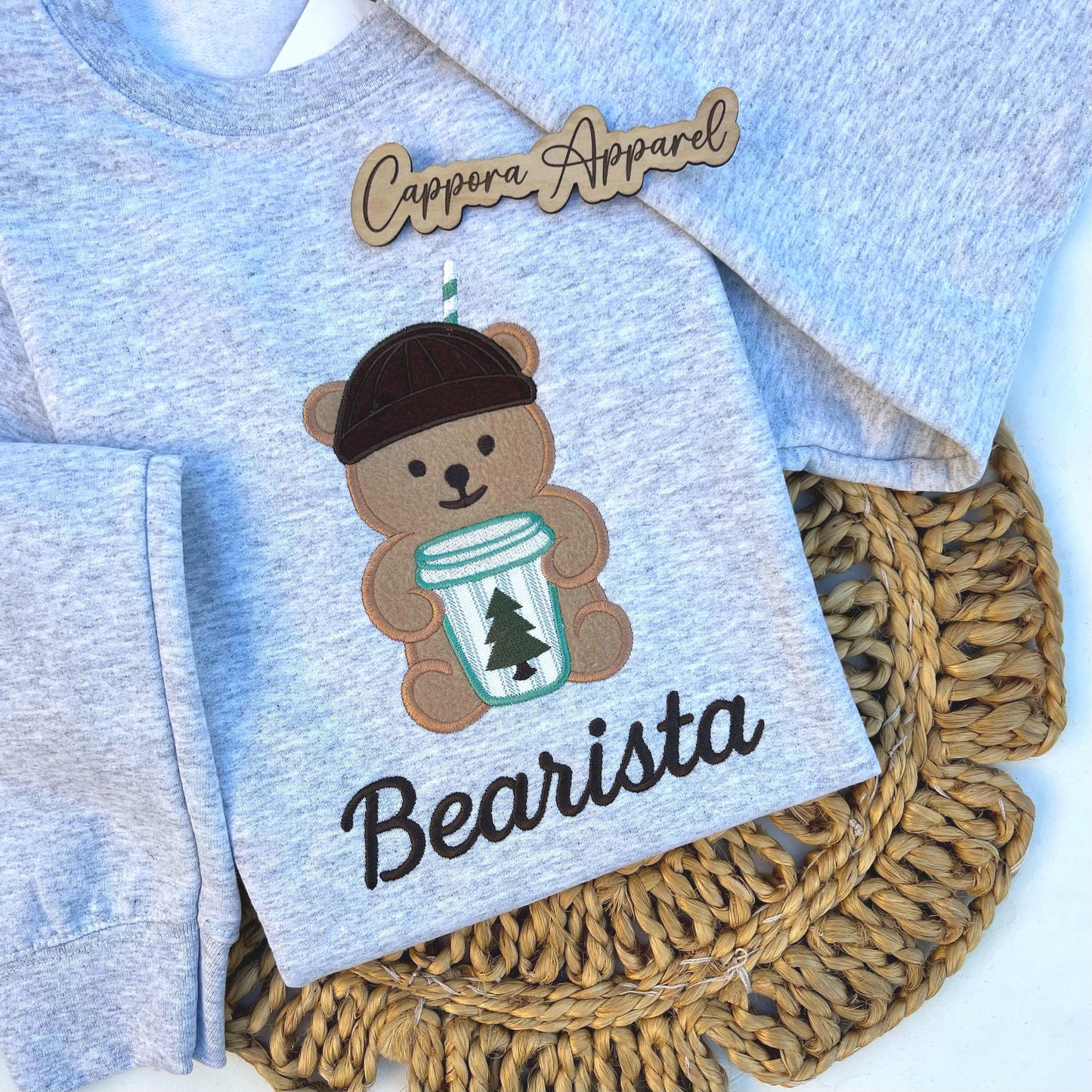 Bearista Embroidered Applique Sweatshirt | Cozy Gildan Crewneck, Coffee Bear Design, Cute Barista Gift, Cozy Fall Winter Pullover