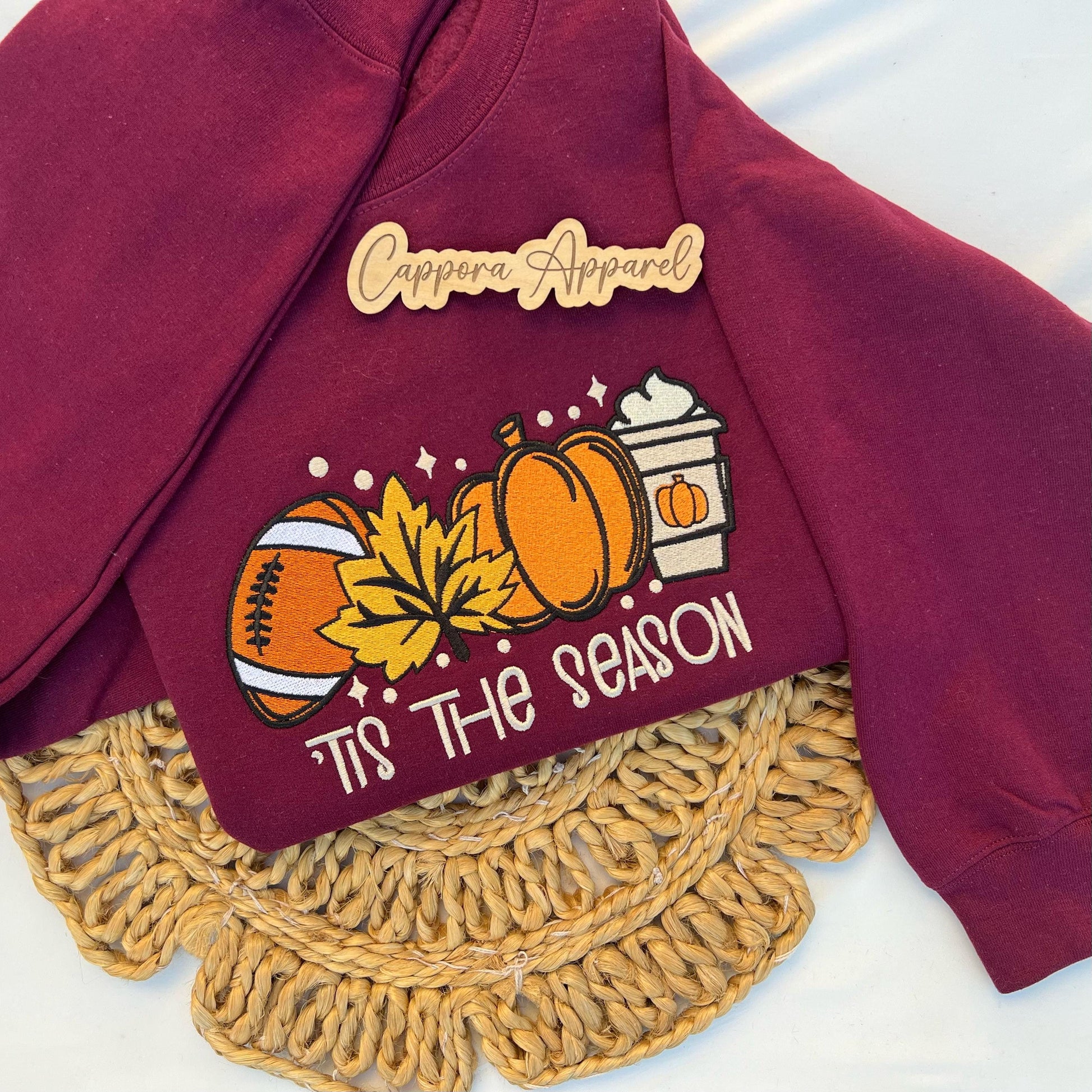 Tis The Season Embroidered Fall Crewneck – Football, Pumpkin, Leaf & Coffee Graphic Sweatshirt, Cozy Autumn Gildan Pullover