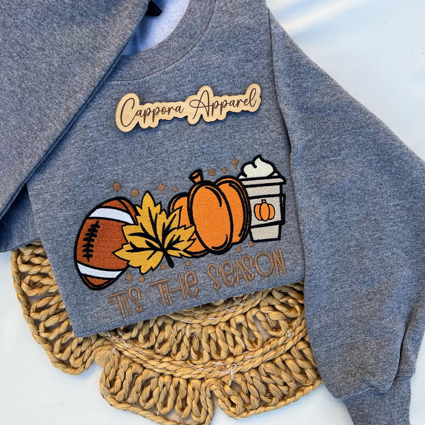 Tis The Season Embroidered Fall Crewneck – Football, Pumpkin, Leaf & Coffee Graphic Sweatshirt, Cozy Autumn Gildan Pullover