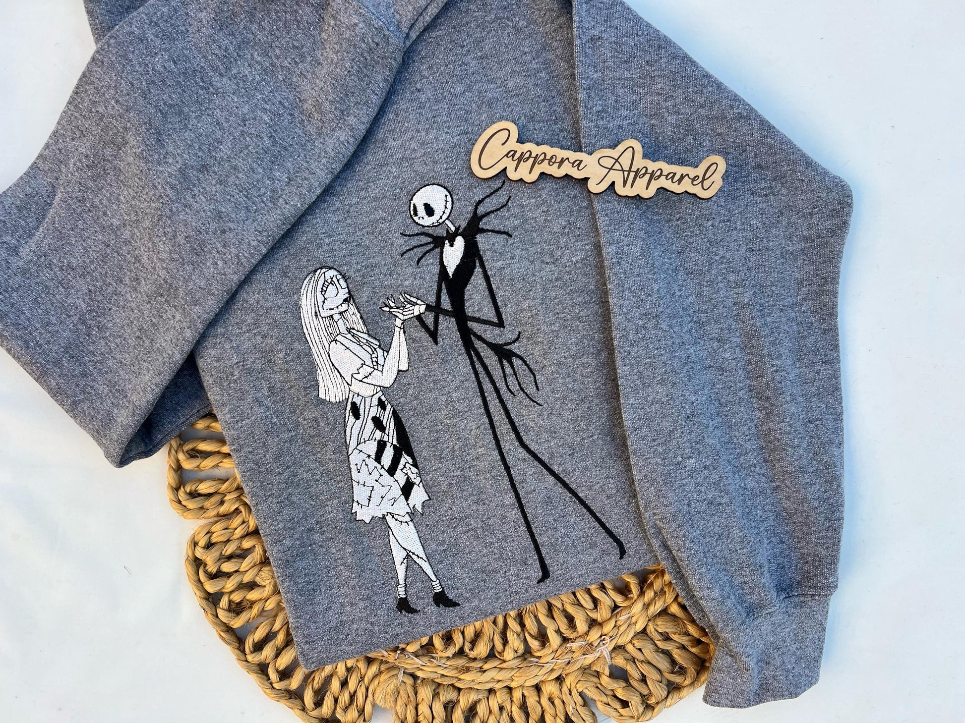 Jack and Sally Embroidered Sweatshirt – Gildan Crewneck, Cozy Halloween Gothic Love Graphic, Nightmare Inspired Pullover