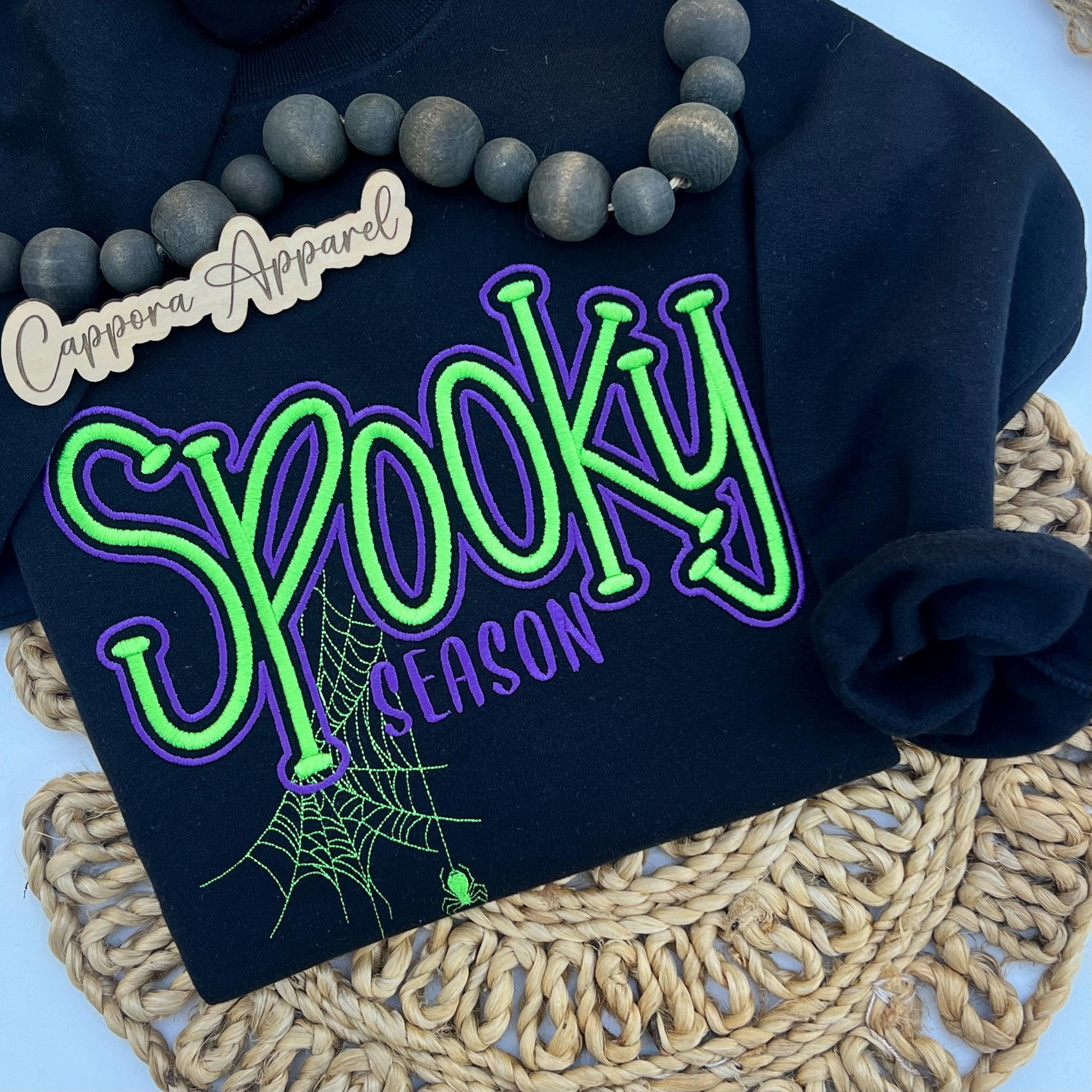 Spooky Season 3D Embroidered Sweatshirt – Gildan Crewneck with Spider Web Graphic, Halloween Fall Cozy Graphic Pullover