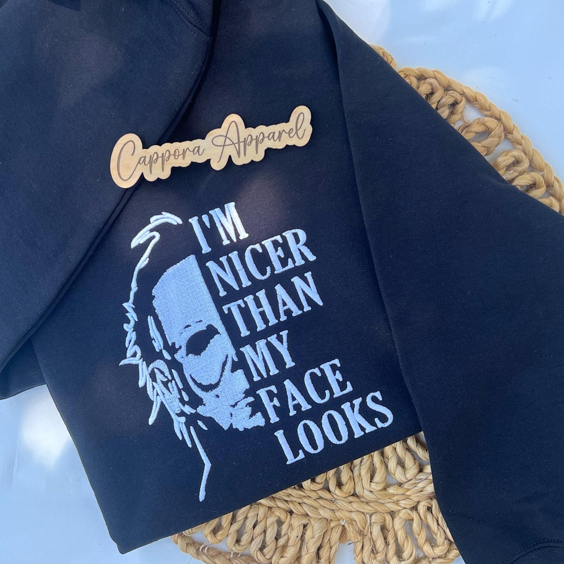 I'm Nicer Than My Face Looks - Glow in the Dark Embroidered Crewneck – Horror Graphic Crewneck | Halloween Gift | Spooky Embroidery Pullover