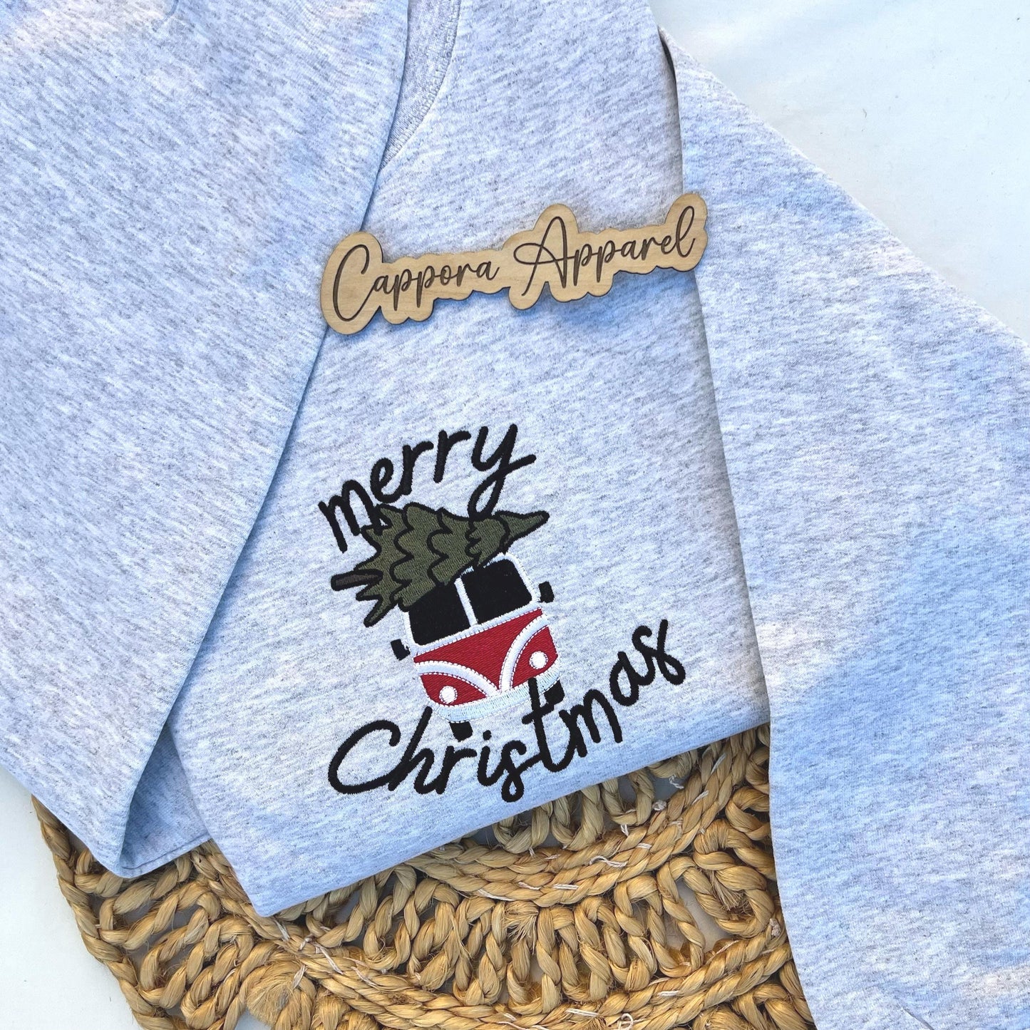 Merry Christmas VW Bus Sweatshirt | Embroidered Christmas Crewneck, Holiday Sweatshirt, Vintage Retro Bus with Tree, Cozy Unisex Gift