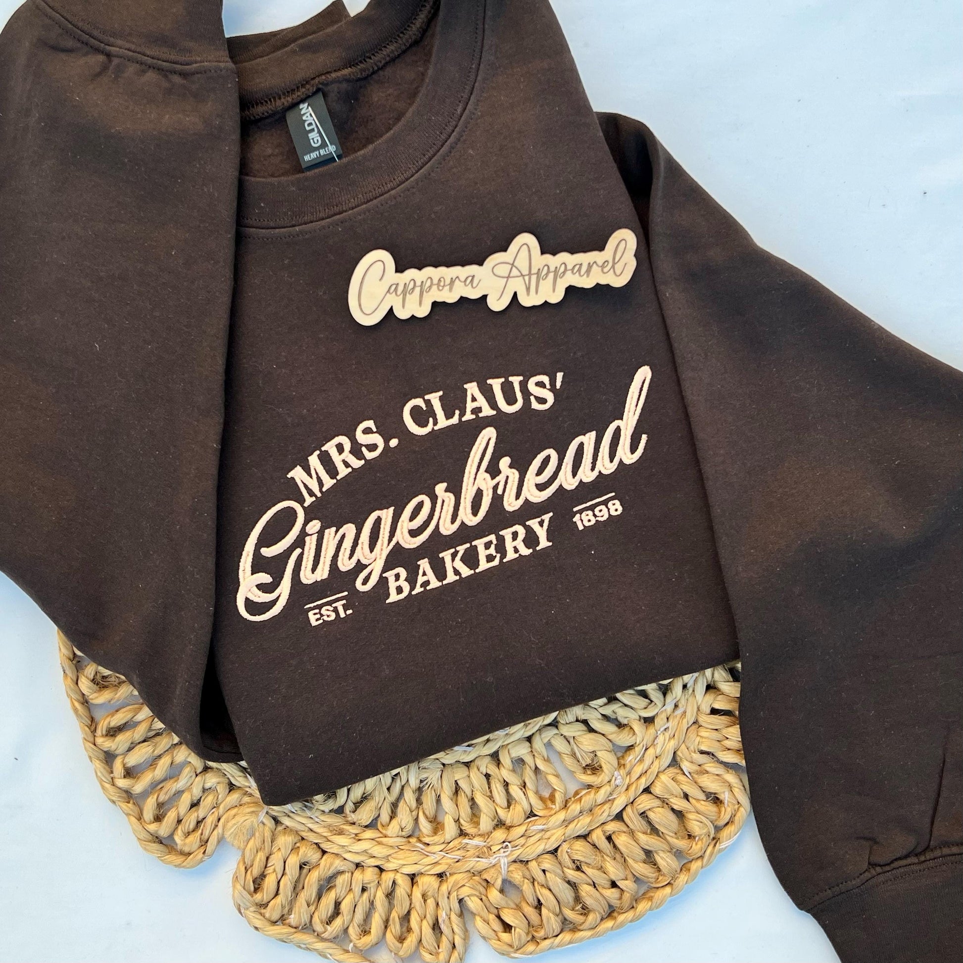 Mrs. Claus’s Gingerbread Bakery Crewneck - Christmas Embroidered Sweatshirt, Holiday Baking Shirt, Cozy Gildan Christmas Sweatshirt