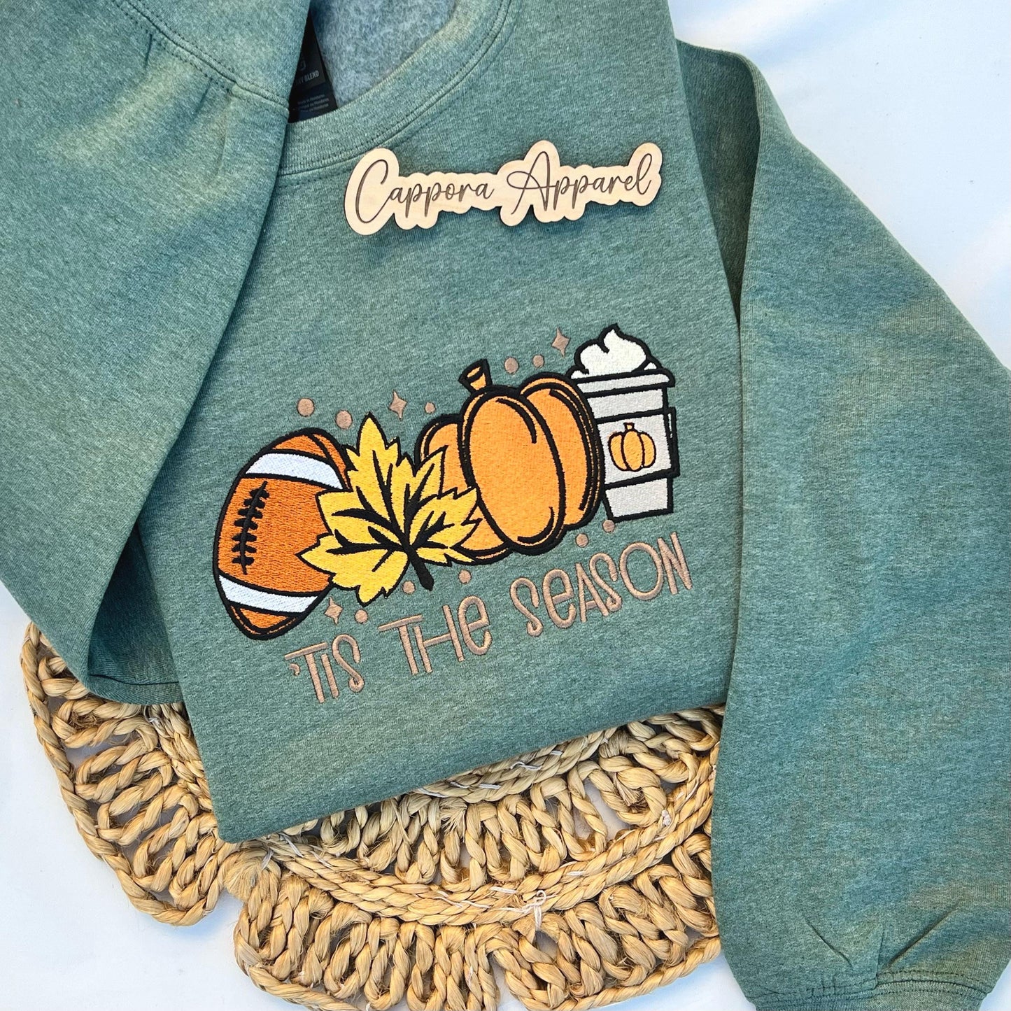 Tis The Season Embroidered Fall Crewneck – Football, Pumpkin, Leaf & Coffee Graphic Sweatshirt, Cozy Autumn Gildan Pullover