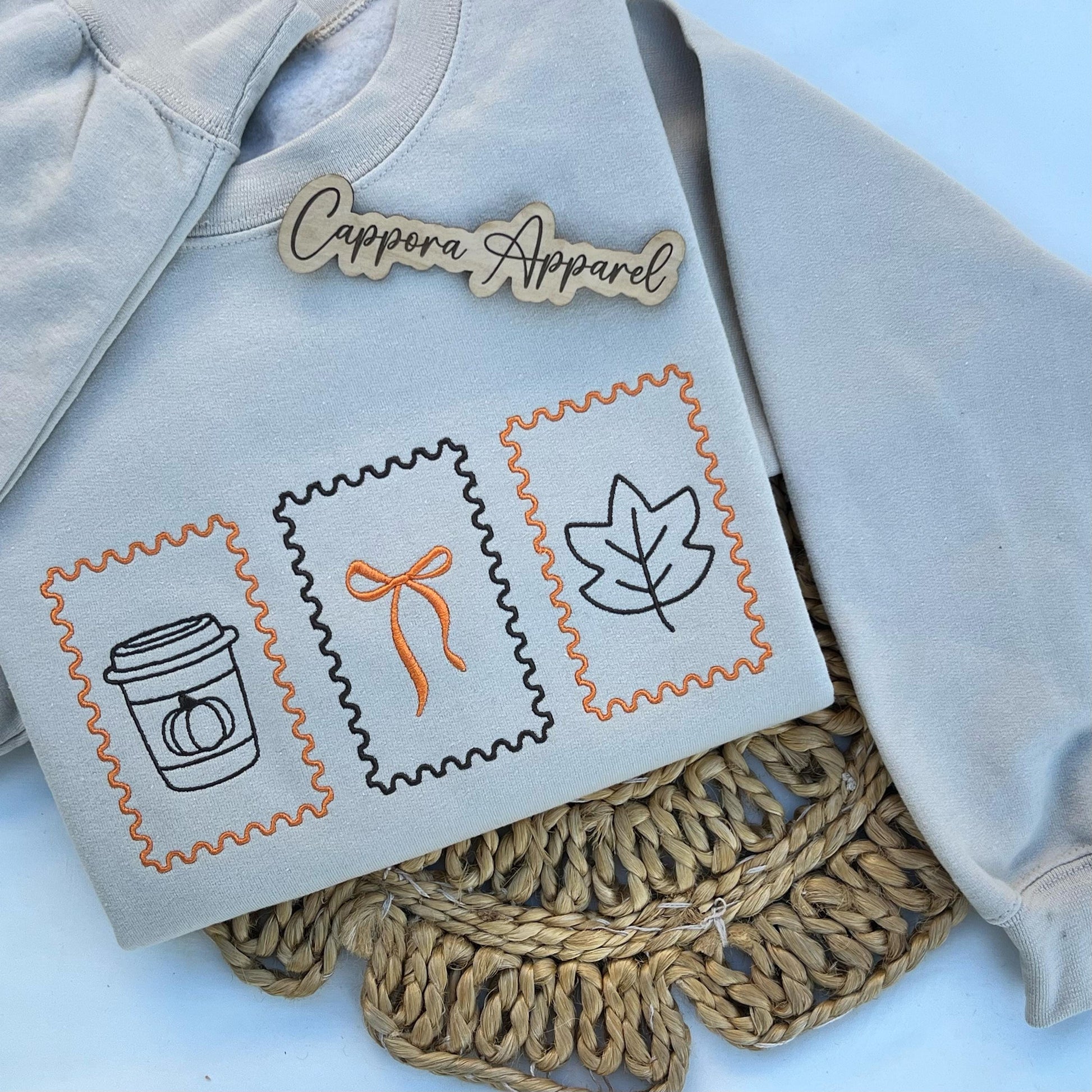Embroidered Fall Stamp Crewneck - Pumpkin Coffee Bow Leaf Sweatshirt, Cozy Autumn Pullover