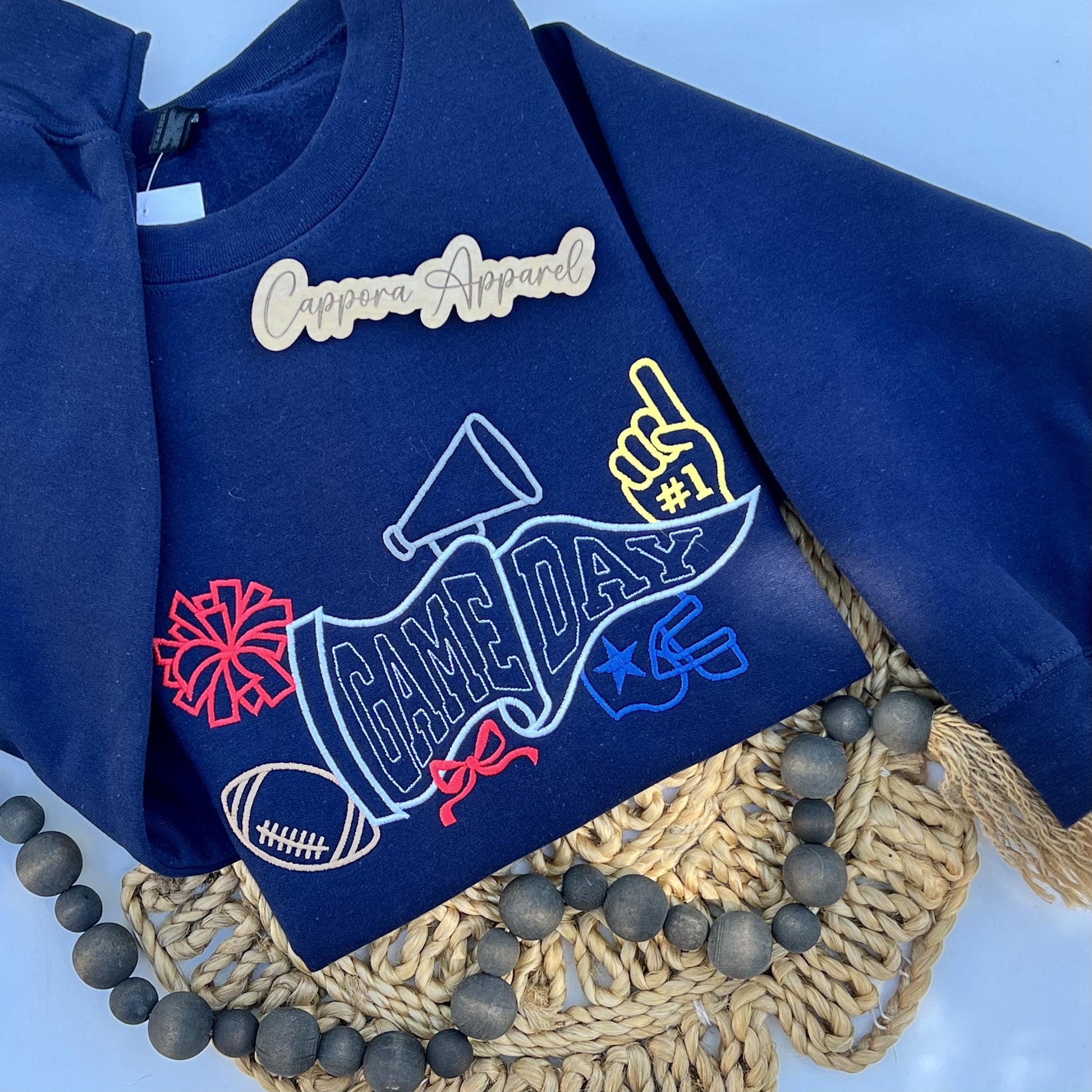 Game Day Embroidered Crewneck Sweatshirt – Football Pennant, Pom Poms, Helmet & Megaphone Graphic on Gildan Sweatshirt