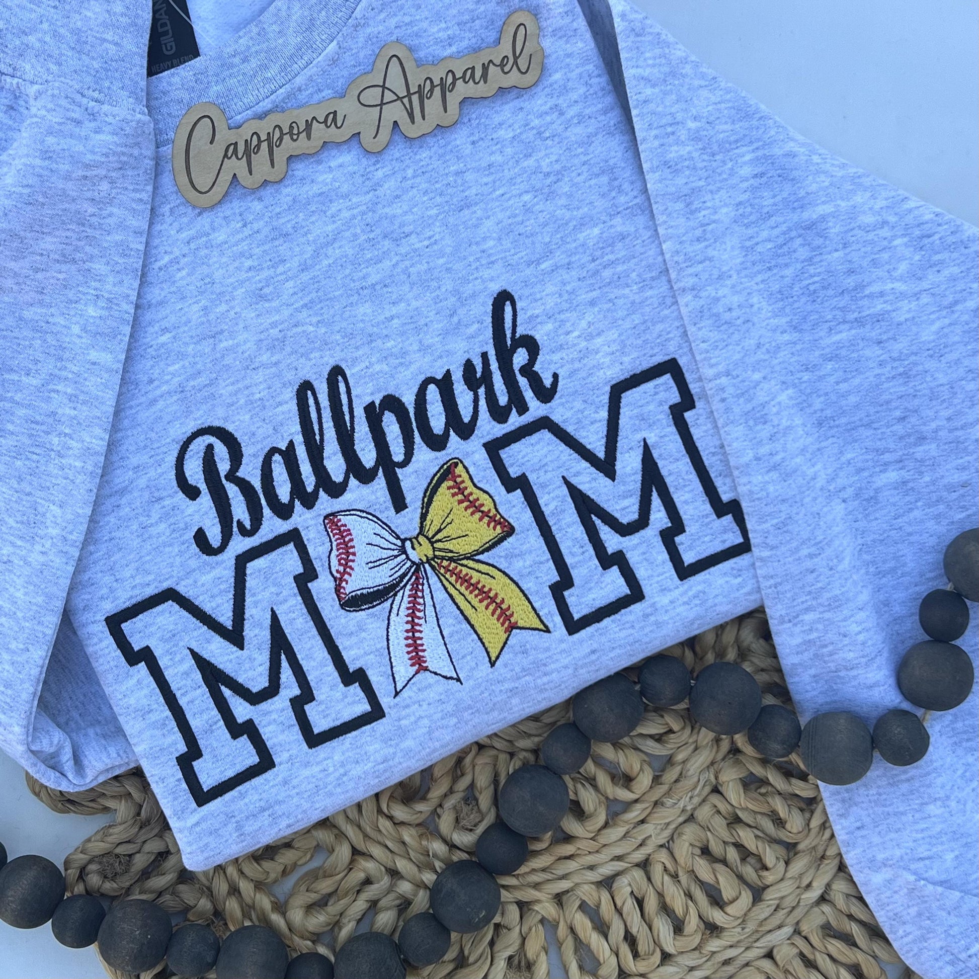 Embroidered Ballpark Mom Crewneck - Split Baseball Softball Bow Sweatshirt, Gildan Heavy Blend, Baseball Mom Gift