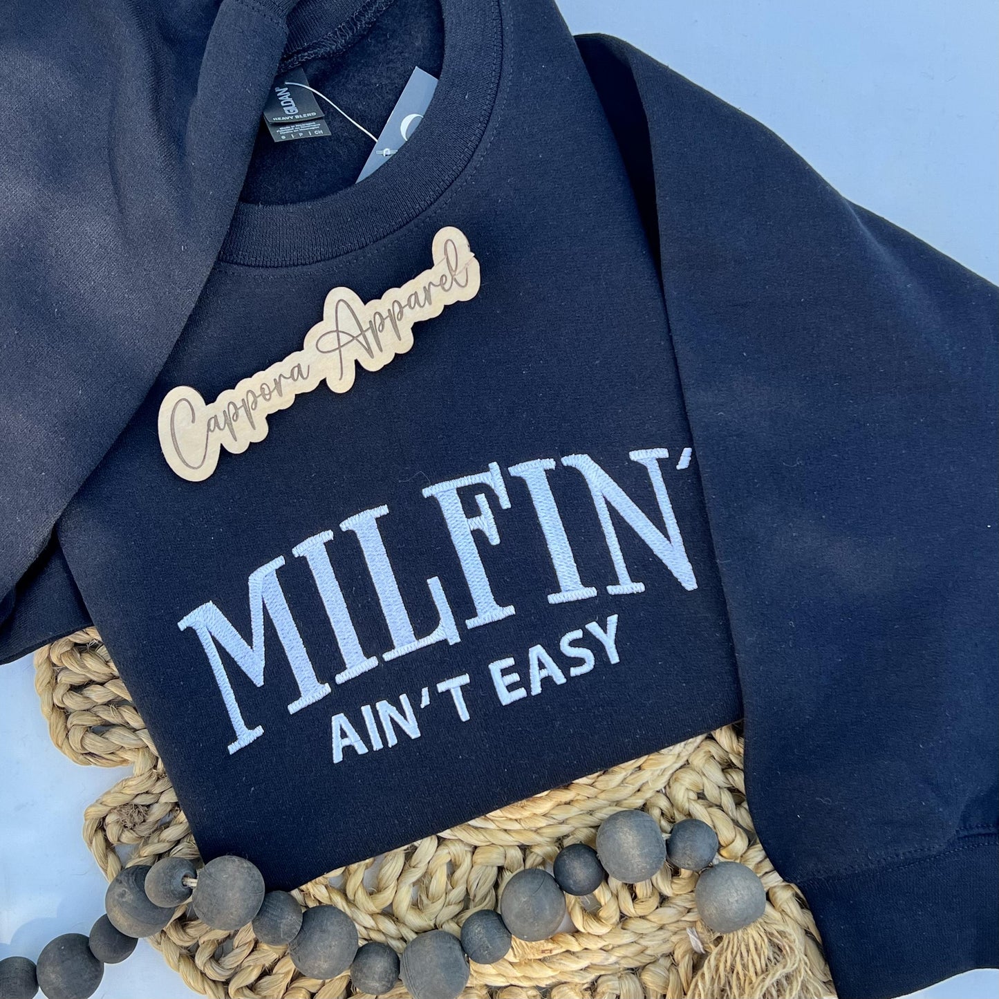 Milfin' Ain't Easy Embroidered Crewneck – Funny Gildan Sweatshirt for Moms, Sassy MILF Graphic Pullover, Cute Cozy Mom Gift