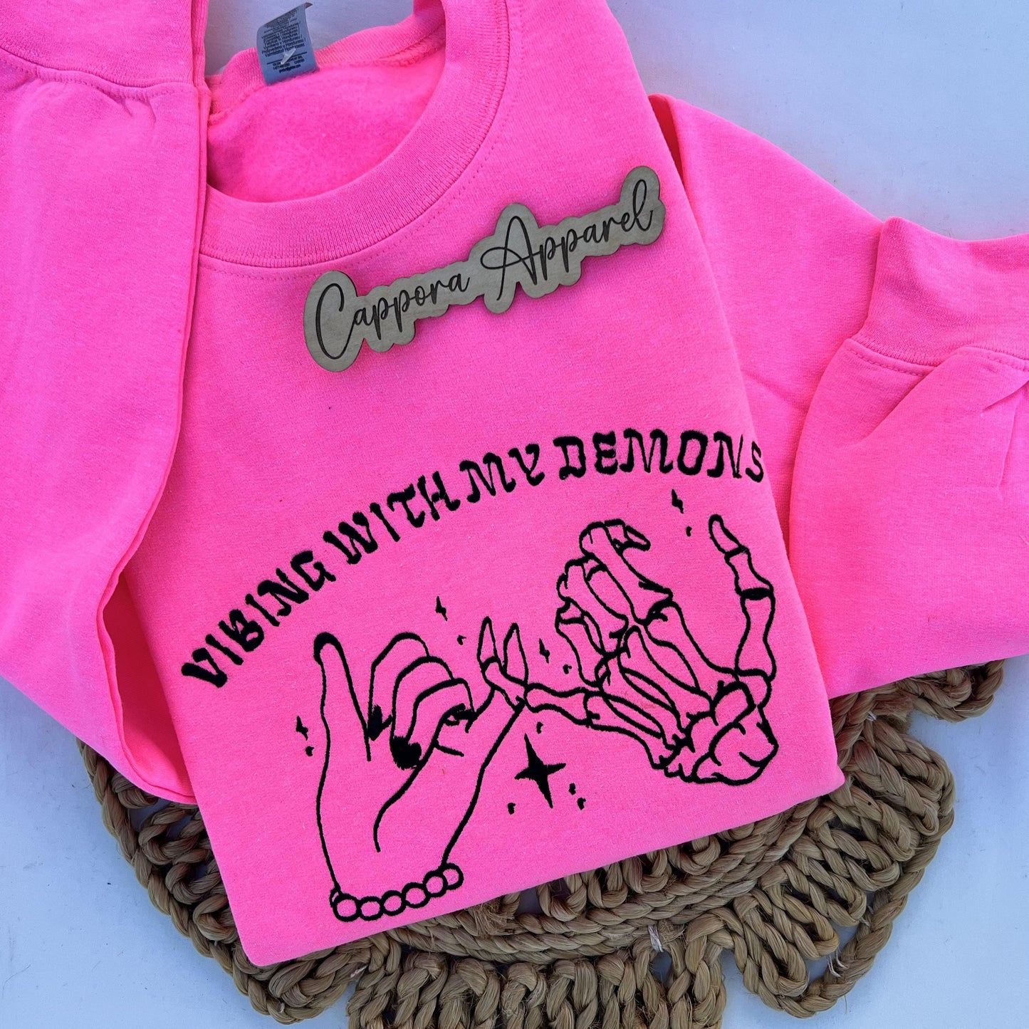 Vibing with My Demons Sweatshirt – Embroidered Gildan Crewneck with Skeleton Hand Pinky Promise, Gothic Streetwear
