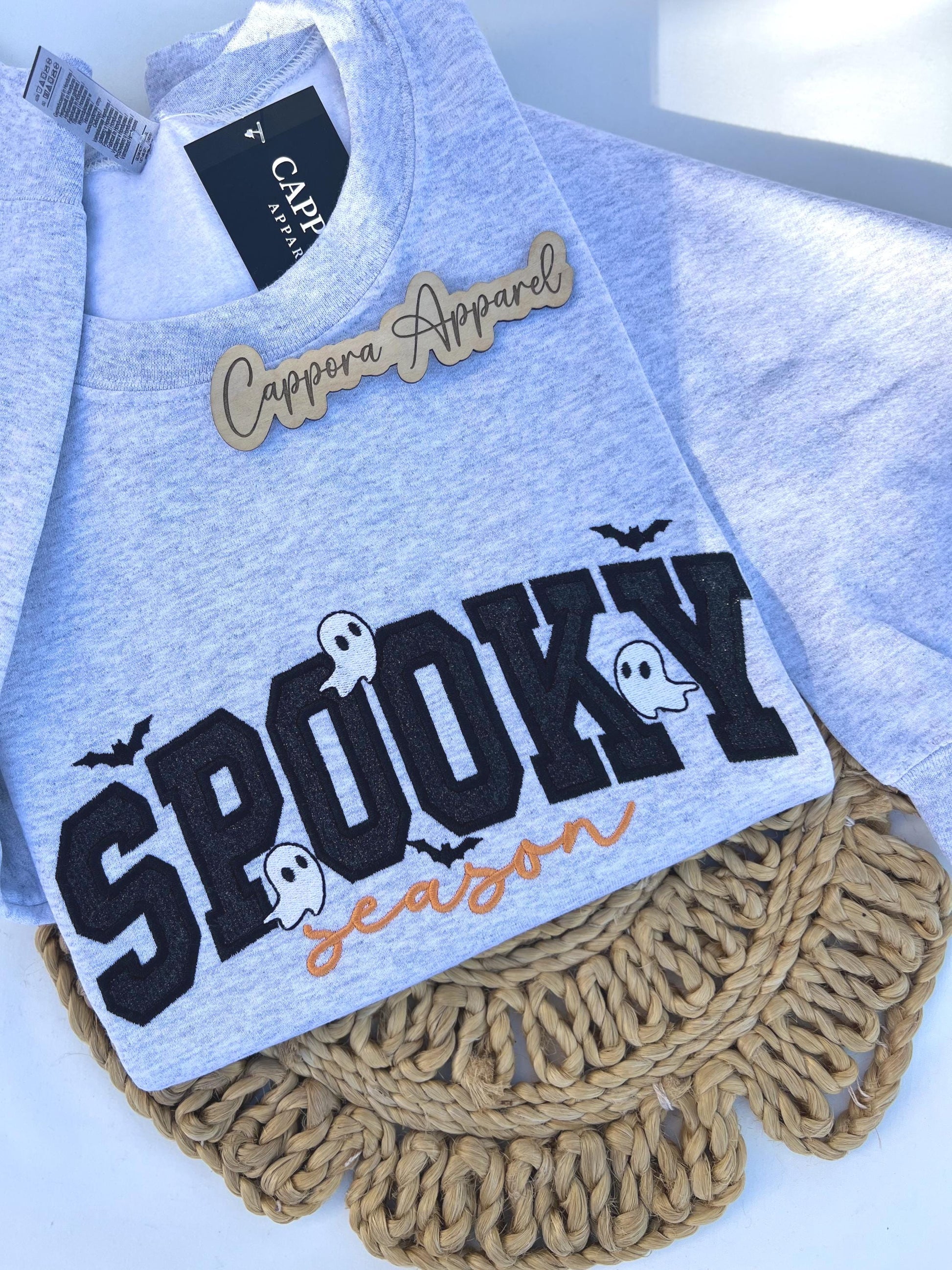 Spooky Season Sweatshirt- Embroidered with Glitter, Ghosts & Bats Crewneck, Halloween Fall Graphic Sweatshirt