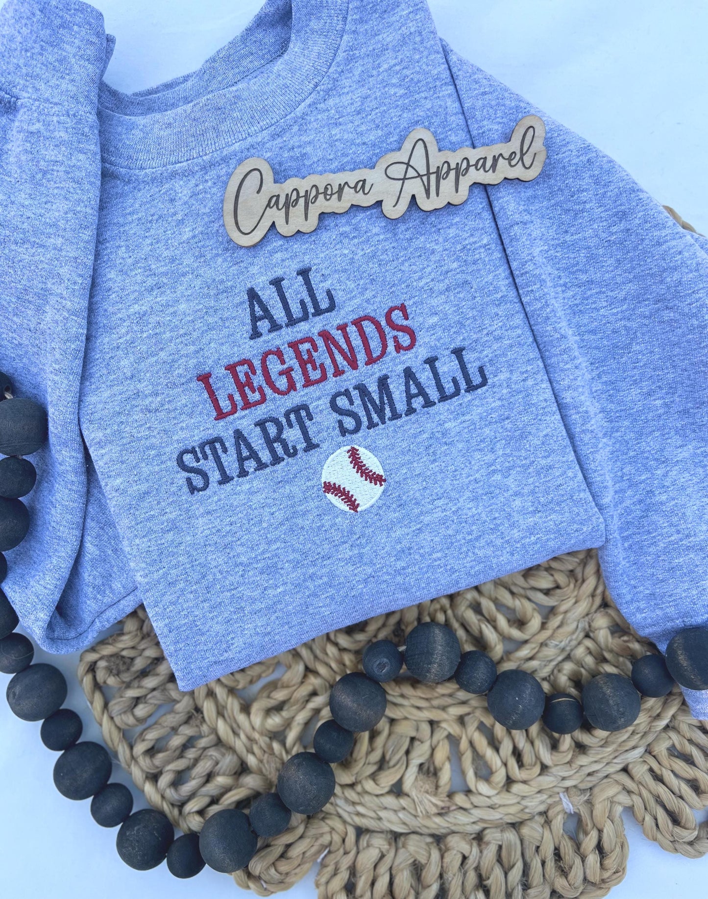 All Legends Start Small Embroidered Youth Crewneck Sweatshirt – Football Pennant, Soccer Pennant, Basketball, Baseball