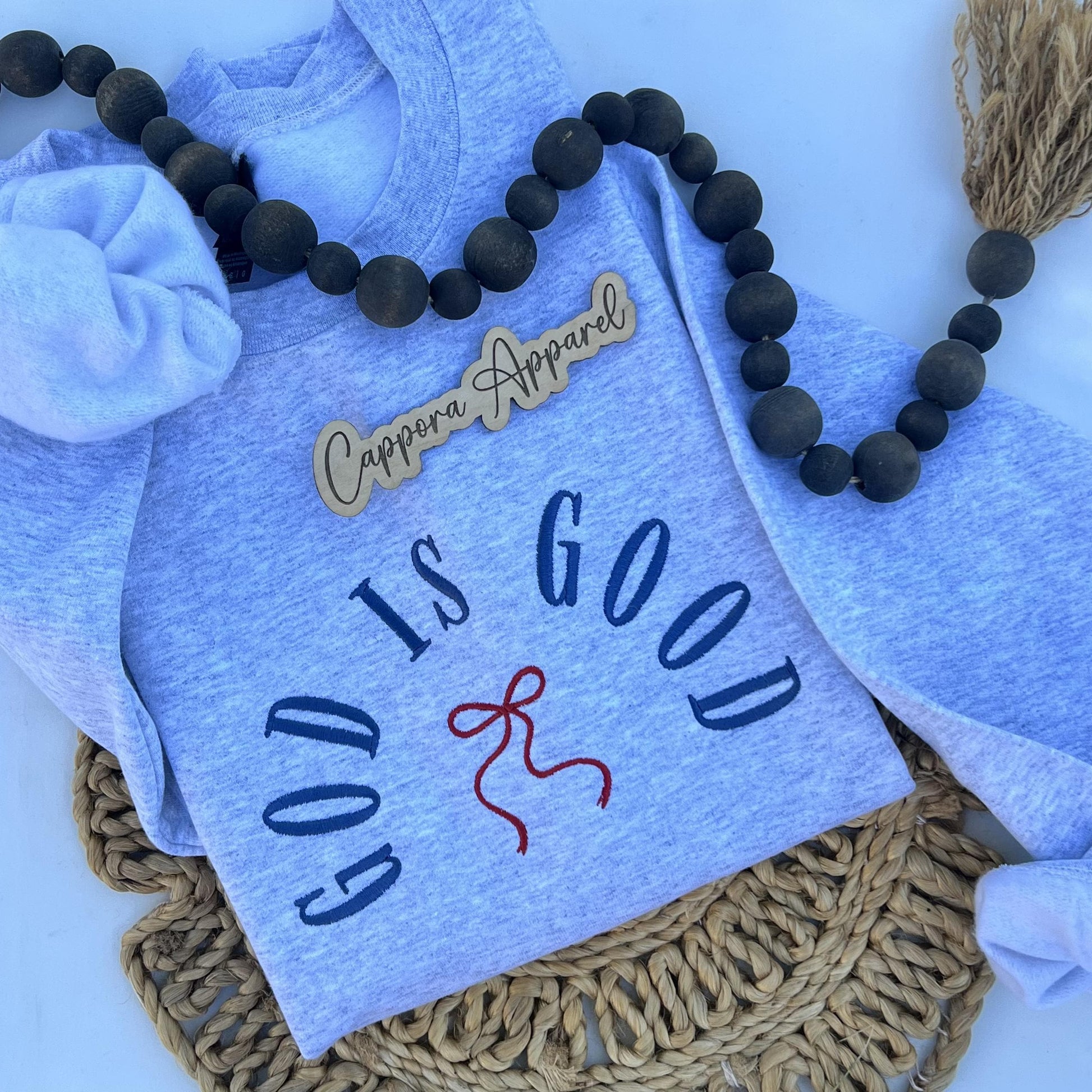 God Is Good Embroidered Crewneck Sweatshirt with Bow | Faith Graphic Christian Pullover | Gildan Heavy Blend Comfort Fit Gift